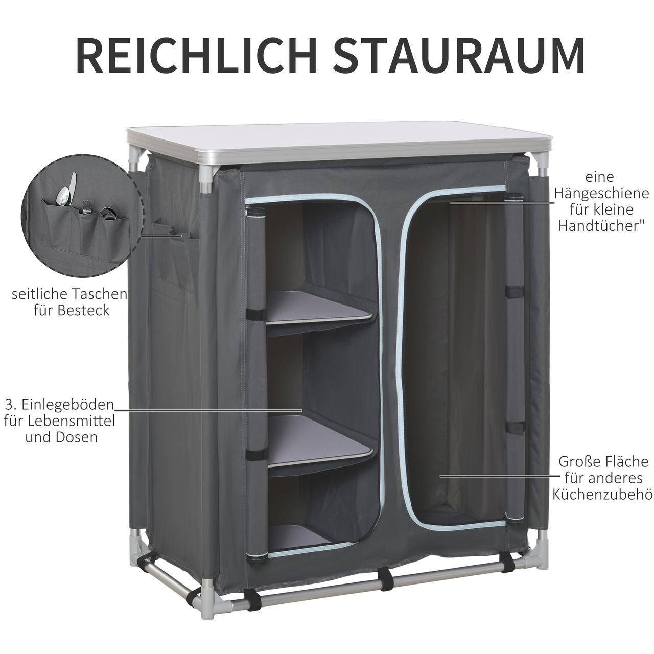 Outsunny Campingschrank Küchenbox tragbar mit Arbeitsplatte Tragetasche 3 Ablagen 1 Schrank Grau 96 x 49,5 x 104 cm
