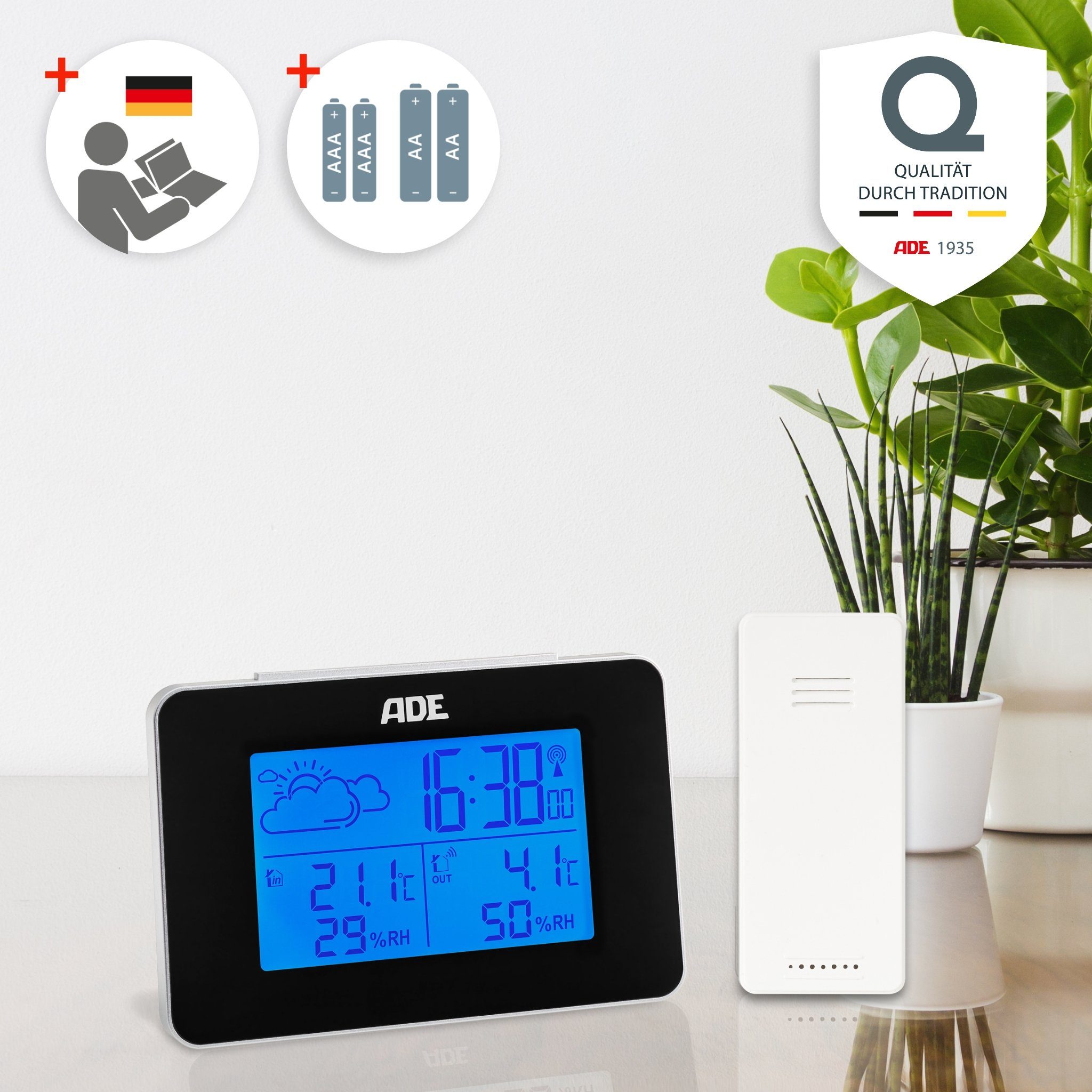 ADE Wetterstation für drinnen und draußen Funkwetterstation (mit Außensensor, animierte Wettervorhersage, mit Luftfeuchtigkeitsmessung)