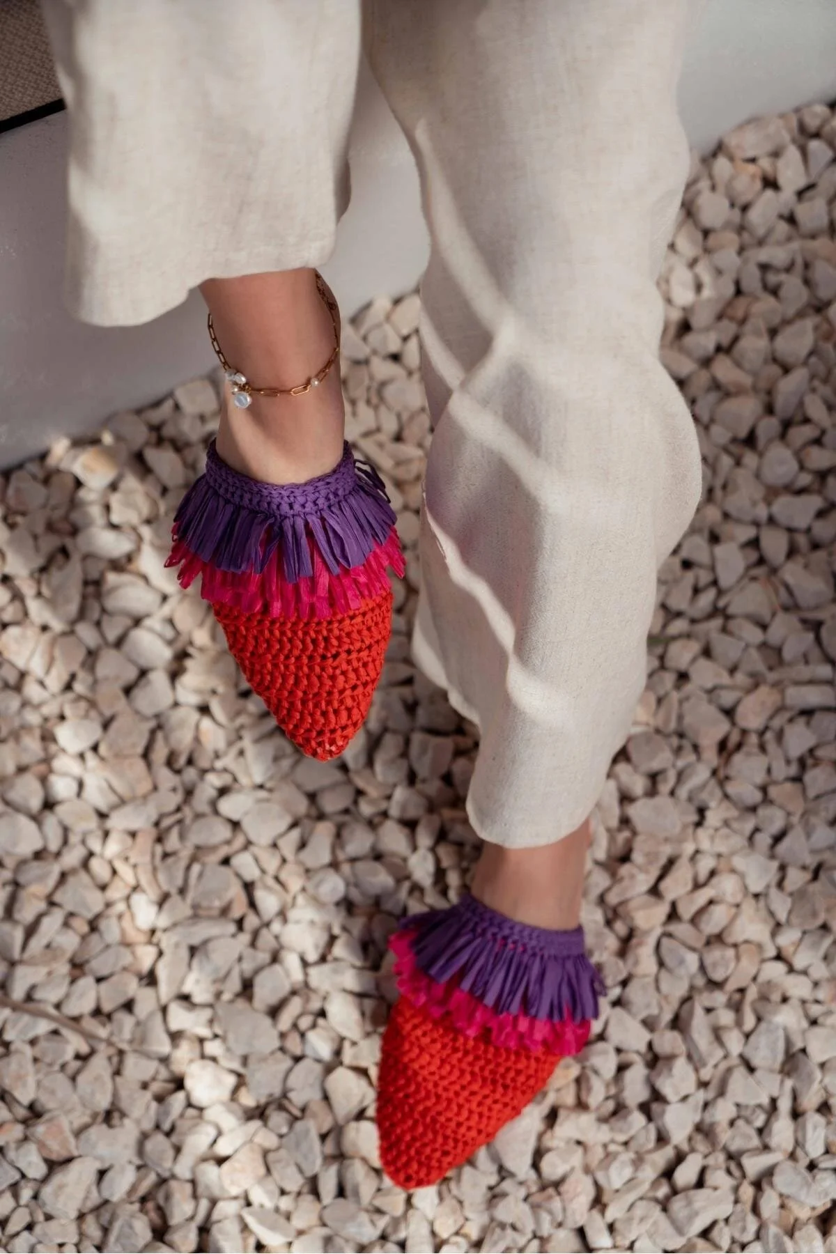 NİŞANTAŞI SHOES  Viana Orange gestrickte lila fuchsiafarbene Damenhausschuhe mit Quaste und detaillierten Details