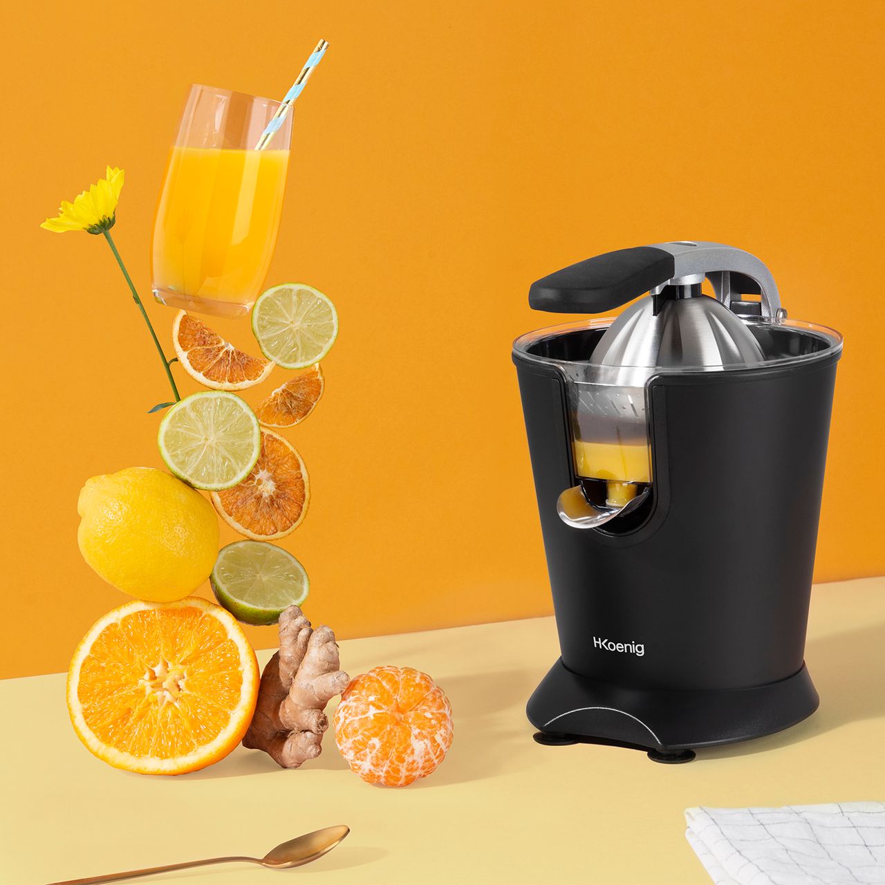 H.Koenig Elektrische Zitruspresse AGR82 Edelstahl Mattschwarz, BPA-frei, Orangen-, Zitronen-, Grapefruitsaft, Schnell, Automatisch, Leise, Tropffreier Trinkschnabel, Spülmaschinengeeignet, 160 W