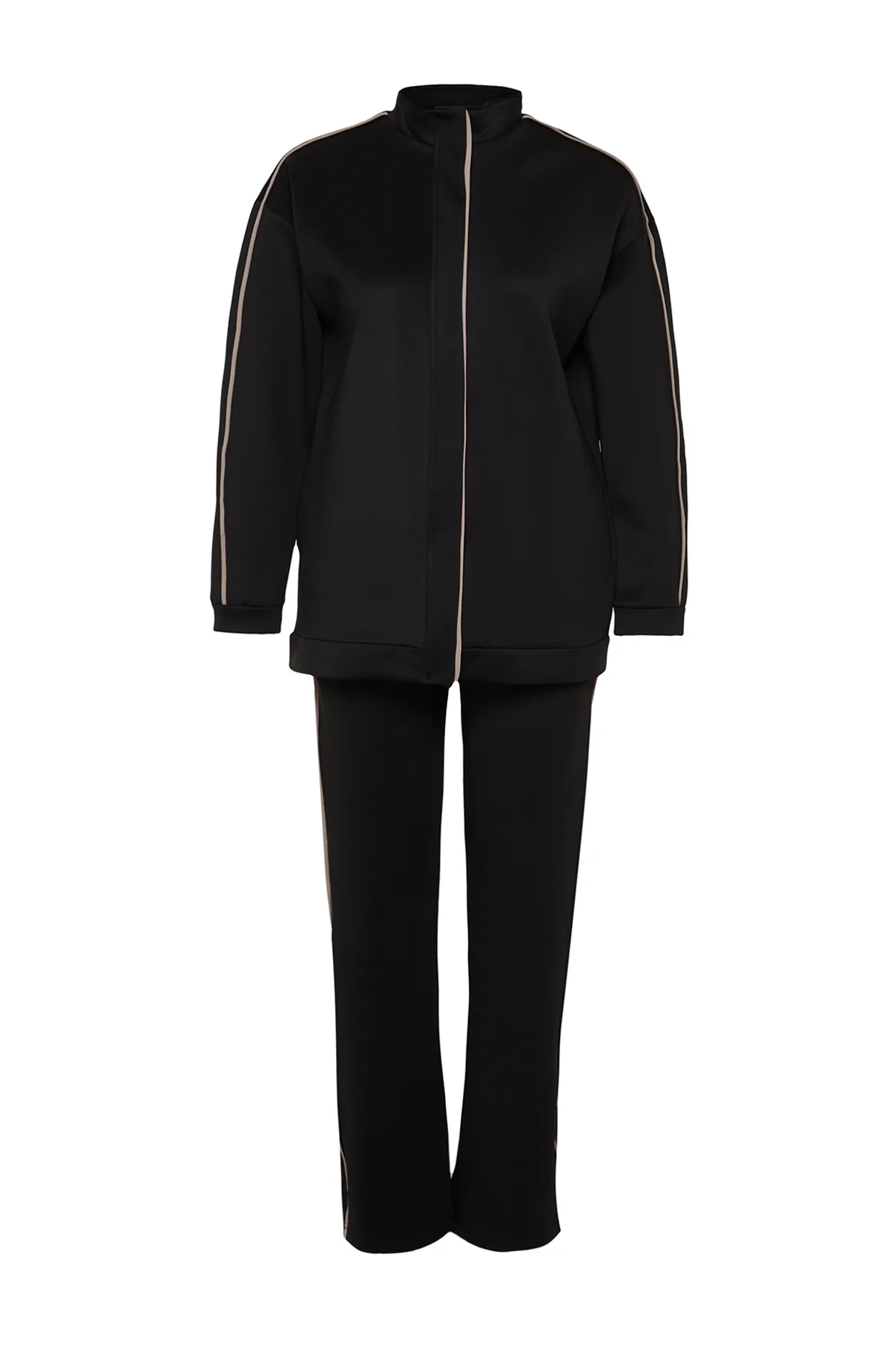 Trendyol Modest  Schwarzes Scuba-Cardigan-Hose-Set aus Strickoberteil und -unterteil mit Reißverschluss TCTAW24US00084
