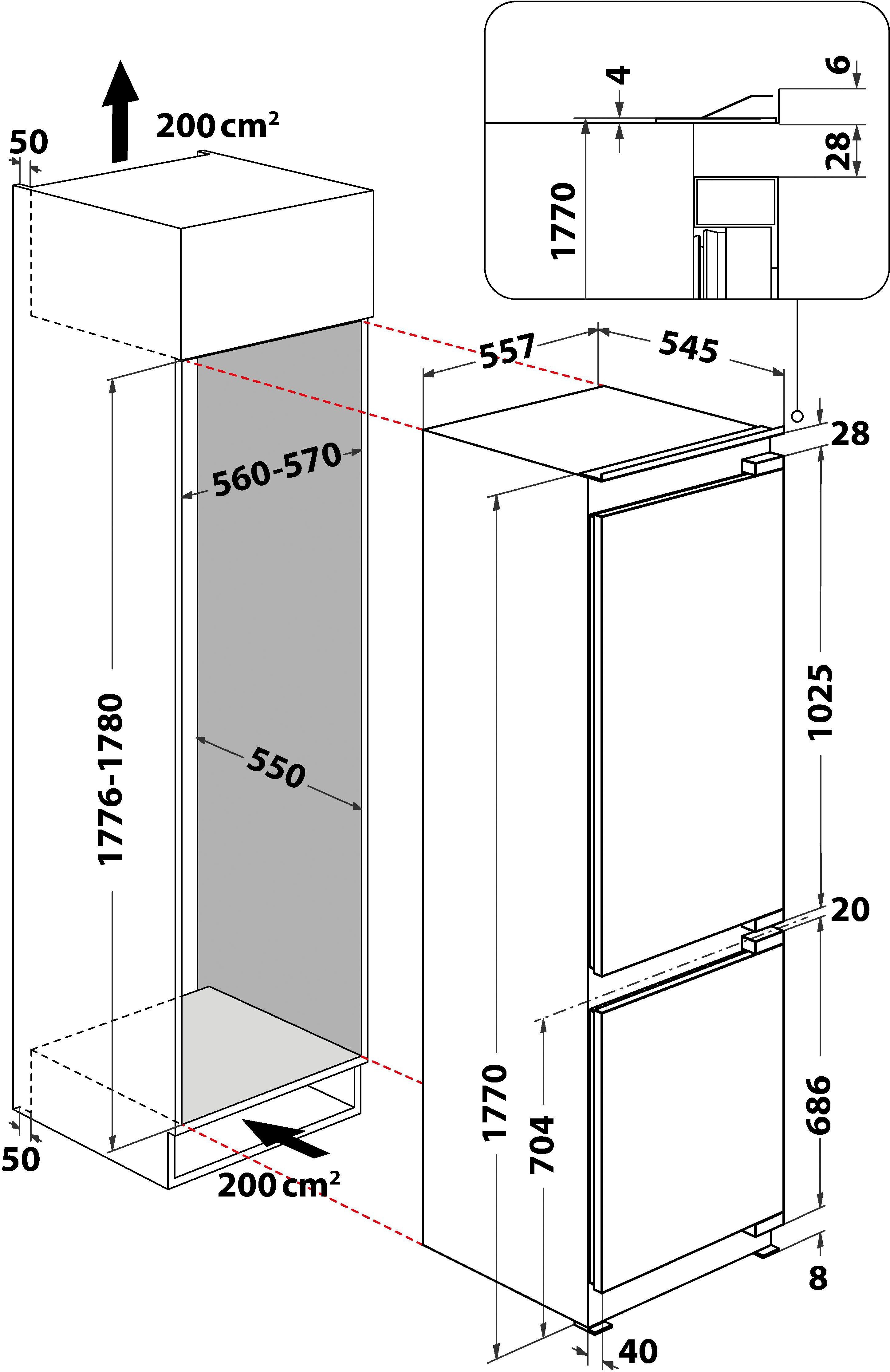 BAUKNECHT Einbaukühlgefrierkombination KGIL 180F2 P, 177 cm hoch, 55,7 cm breit, Hygiene Plus