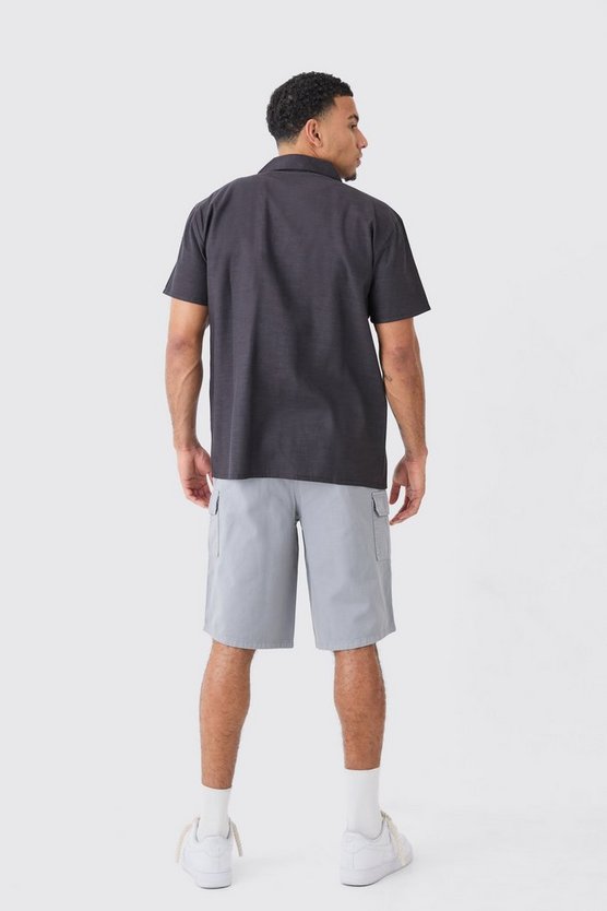 Oversize Leinen-Hemd mit Tauben-Stickerei