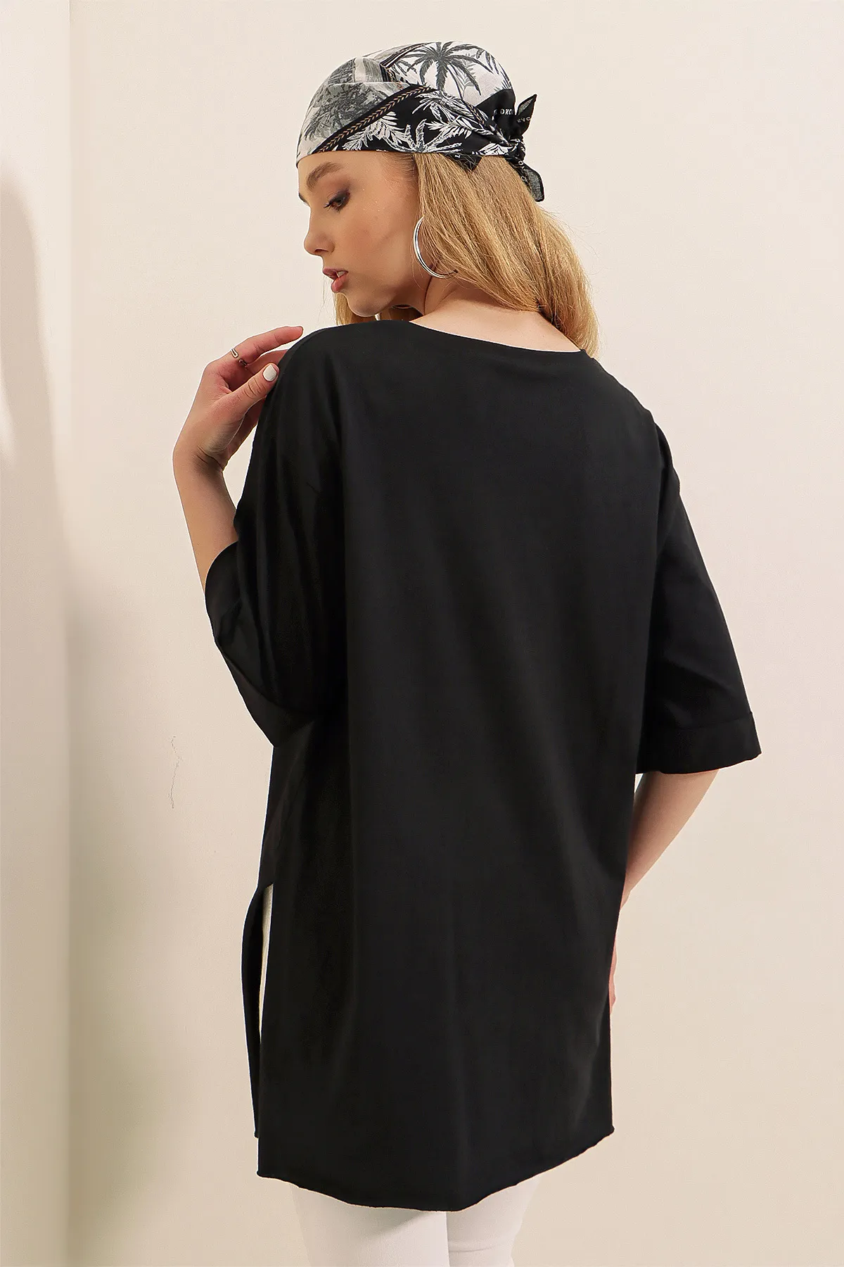 Bigdart  4123 Geschlitztes Oversize-T-Shirt – Schwarz