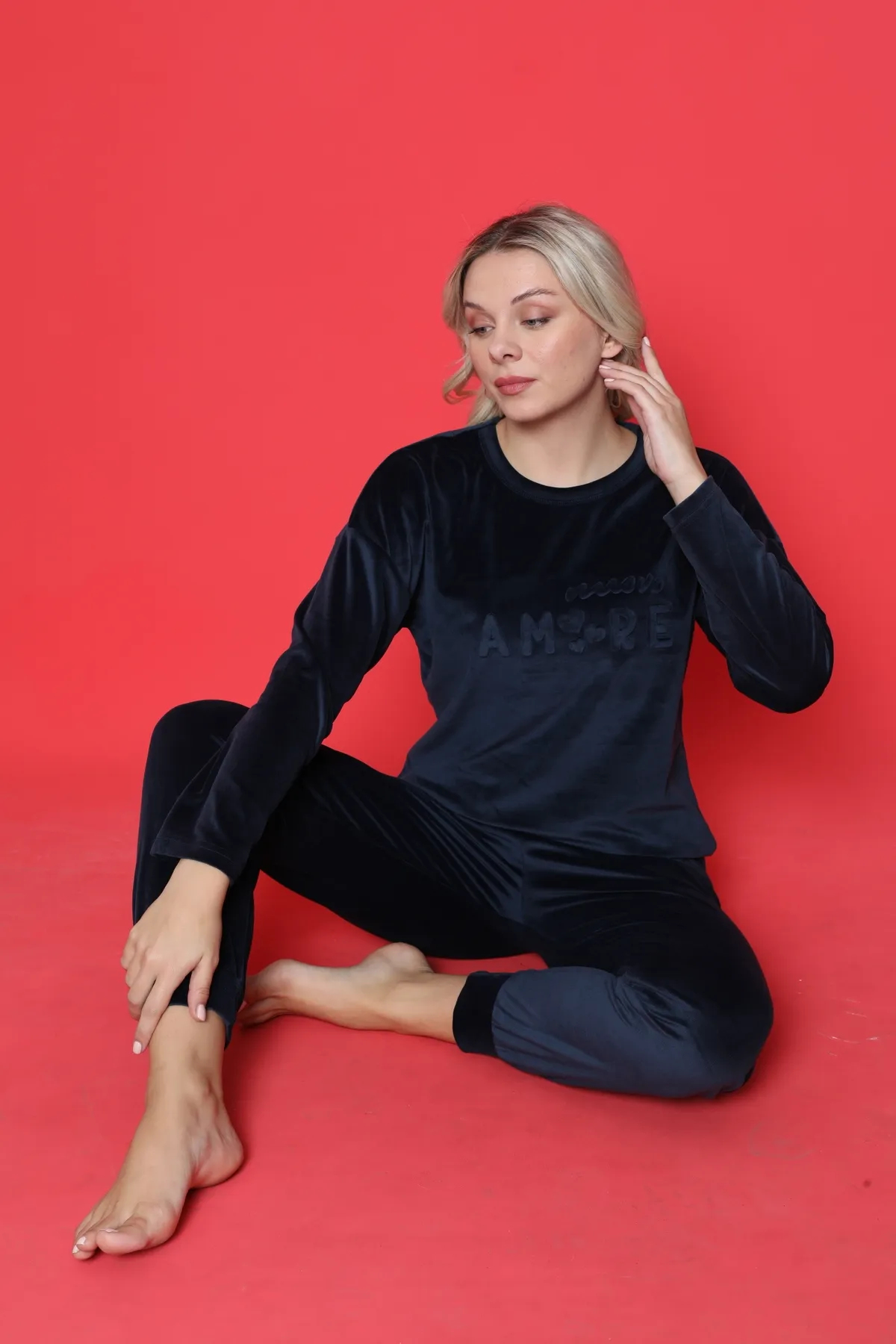 AHENGİM  Pyjama-Set für Damen, französischer Samt, Amore, bedruckt, Spatenmanschette, Winter, saisonal, W20432250