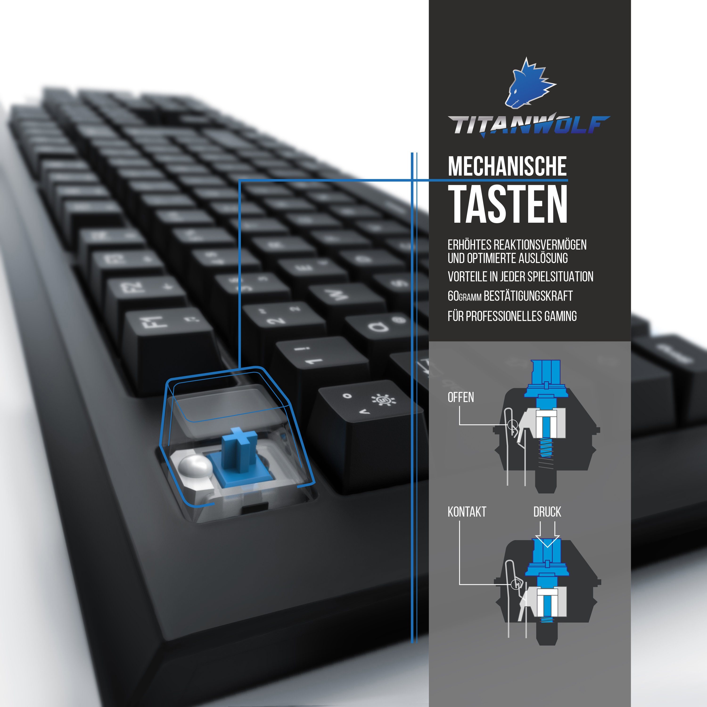 Titanwolf Gaming-Tastatur (mechanische Tastatur „Imperial“ Deutsches-Layout / RGB LED Beleuchtung)