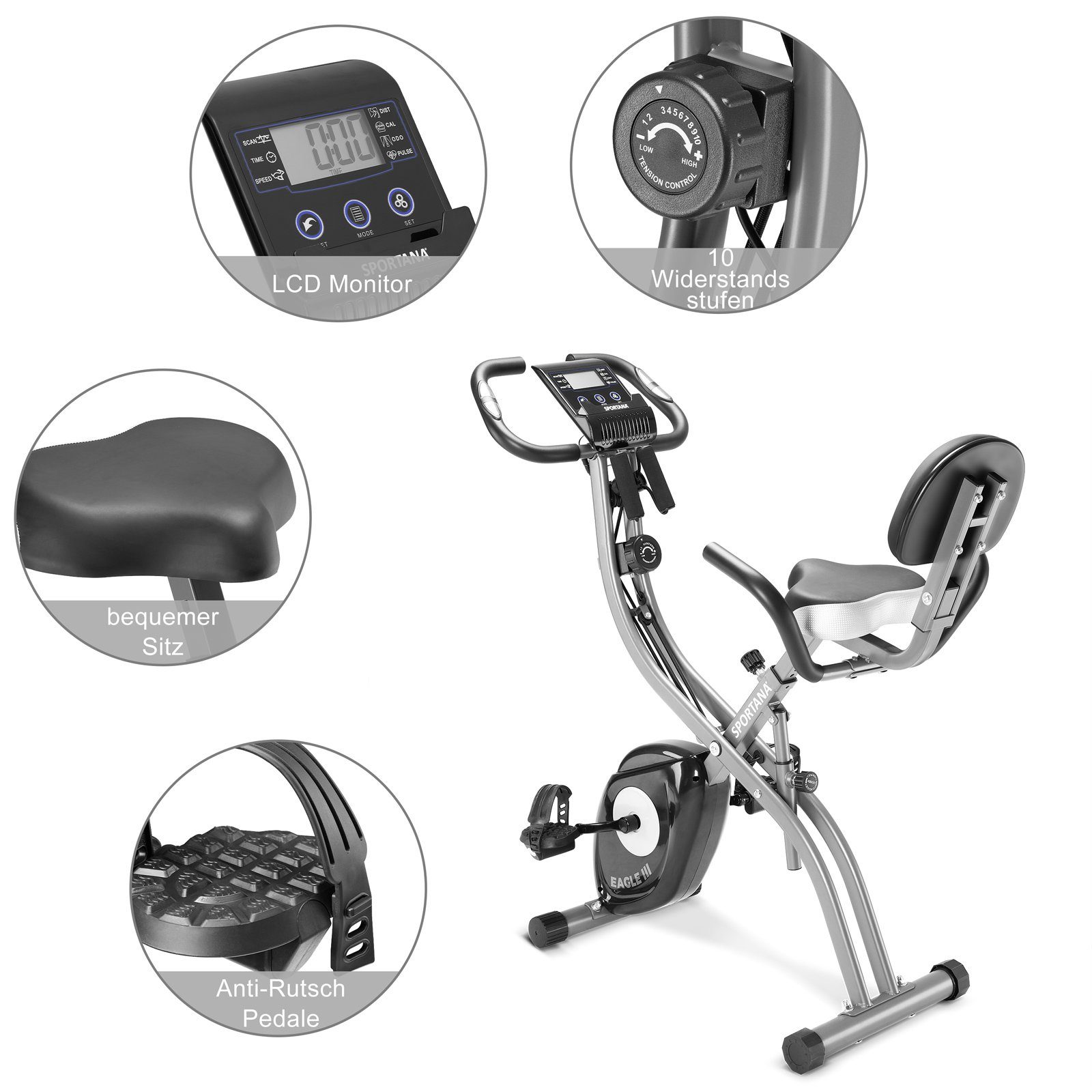 Sportana Heimtrainer, Heimtrainer Eagle 3 klappbar 10 Stufen Pulssensoren 2 Fitnessbänder