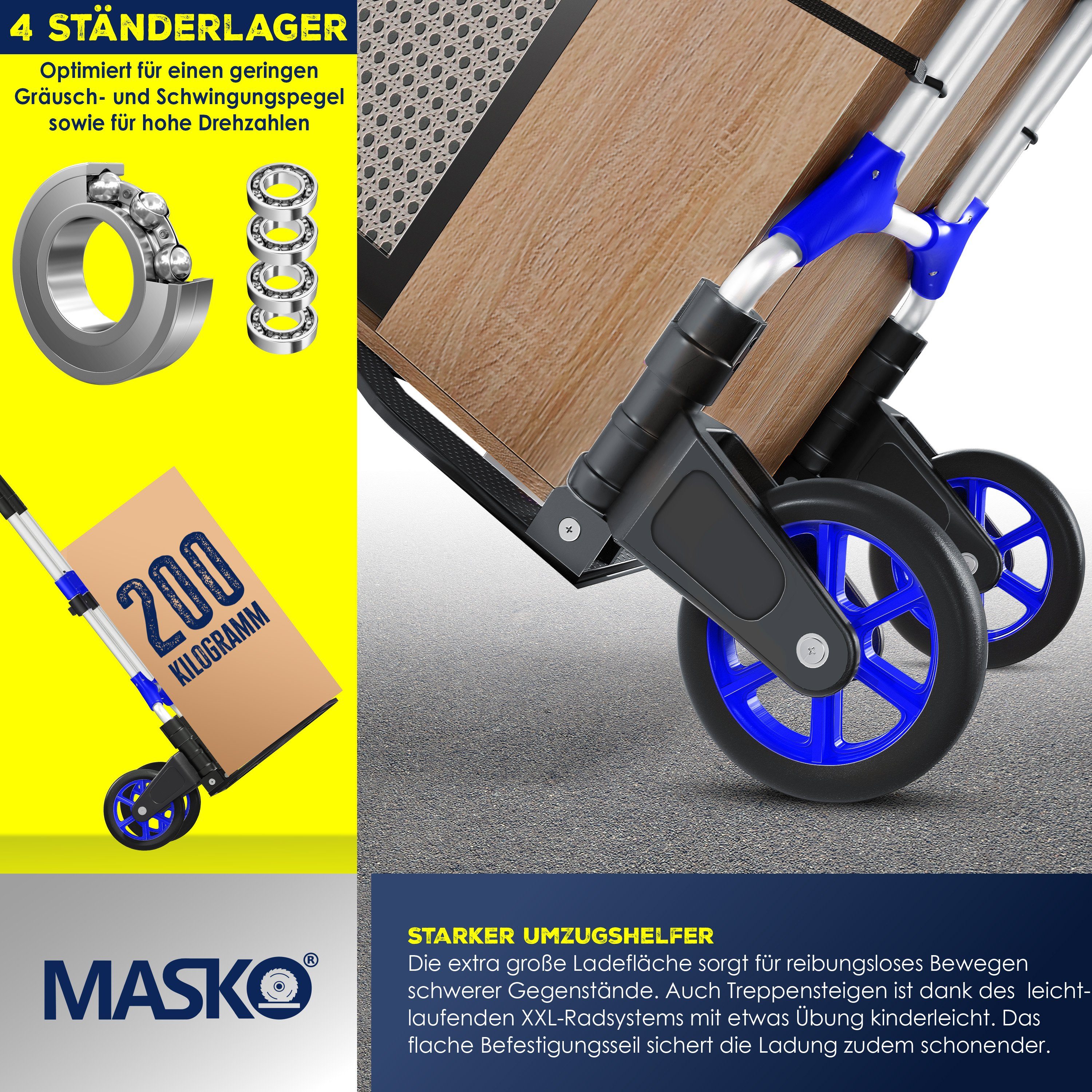 MASKO Sackkarre, Klappbar 200 kg Tragkraft inkl. Rädern Vollgummi