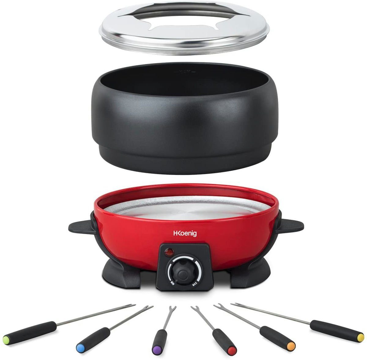 H.Koenig Raclette und Fondue-Set ALP1800 elektrisches Fondue-Set, schwarz-rot für 6 Personen, 800 W