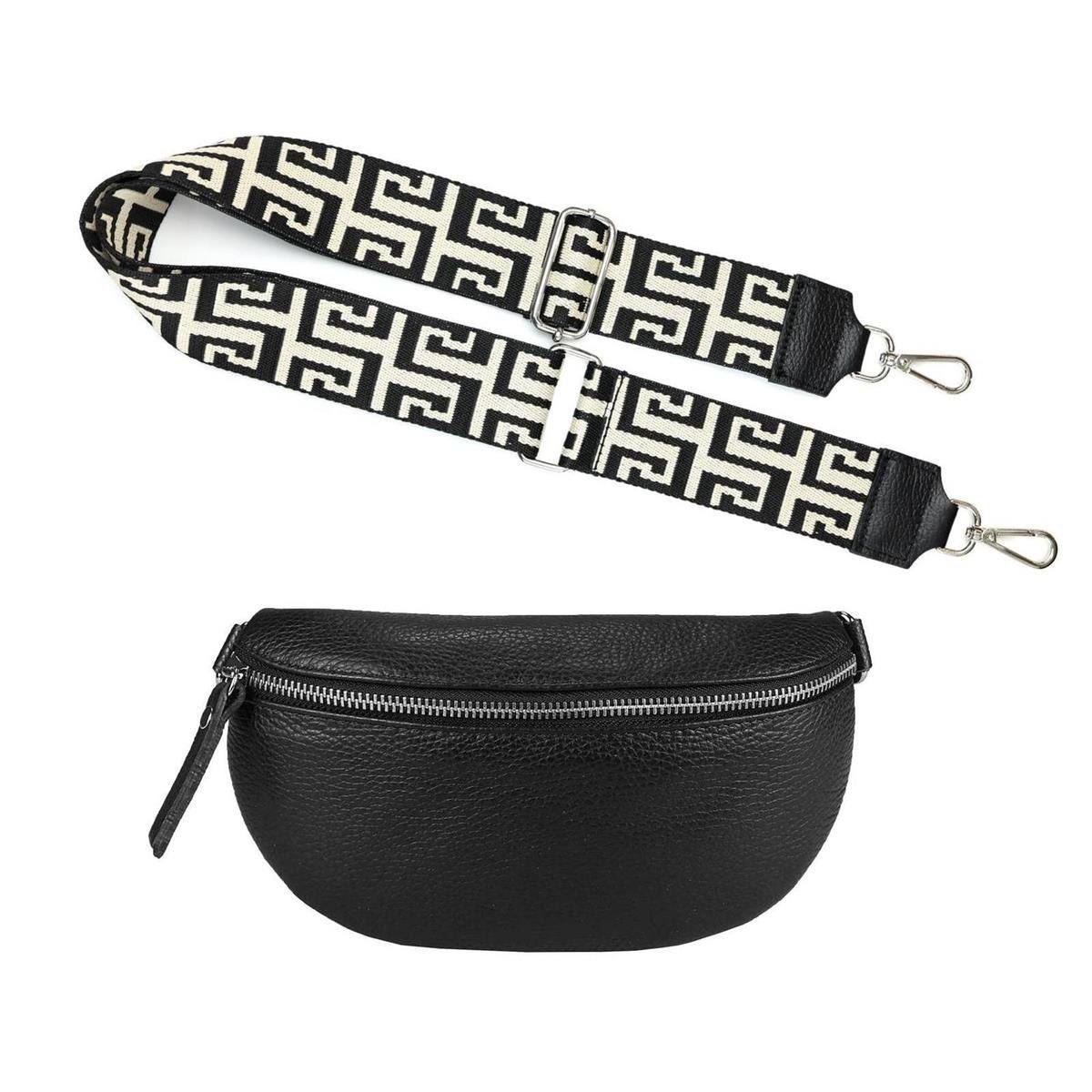 ITALYSHOP24 Bauchtasche Made in Italy Damen Leder Gürteltasche Hüfttasche Brusttasche Bodybag (Spar-Set aus einer Tasche mit dem Ledergurt und einem breitem Stoffgurt/Umhängeband), 1 Tasche & 2 Gurte, Schultertasche, Umhängetasche mit 2 Schulterrieme