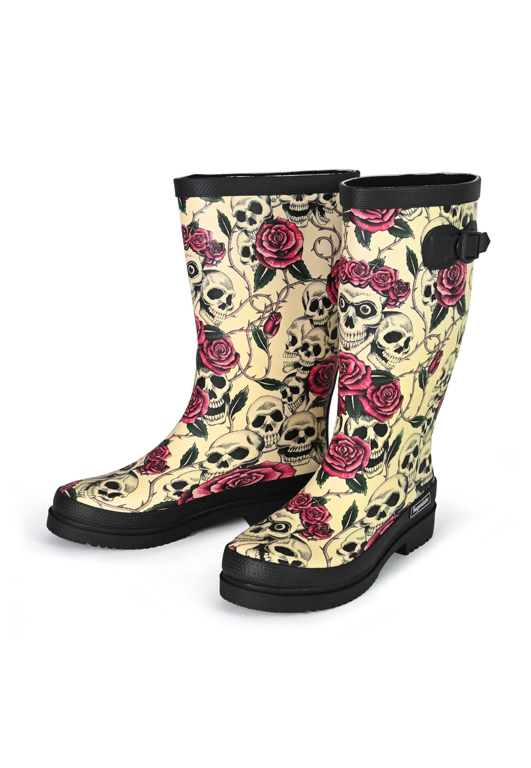 Regenliebe Ghost High Gummistiefel Langschaft Stiefel mit Totenköpfen und roten Rosen