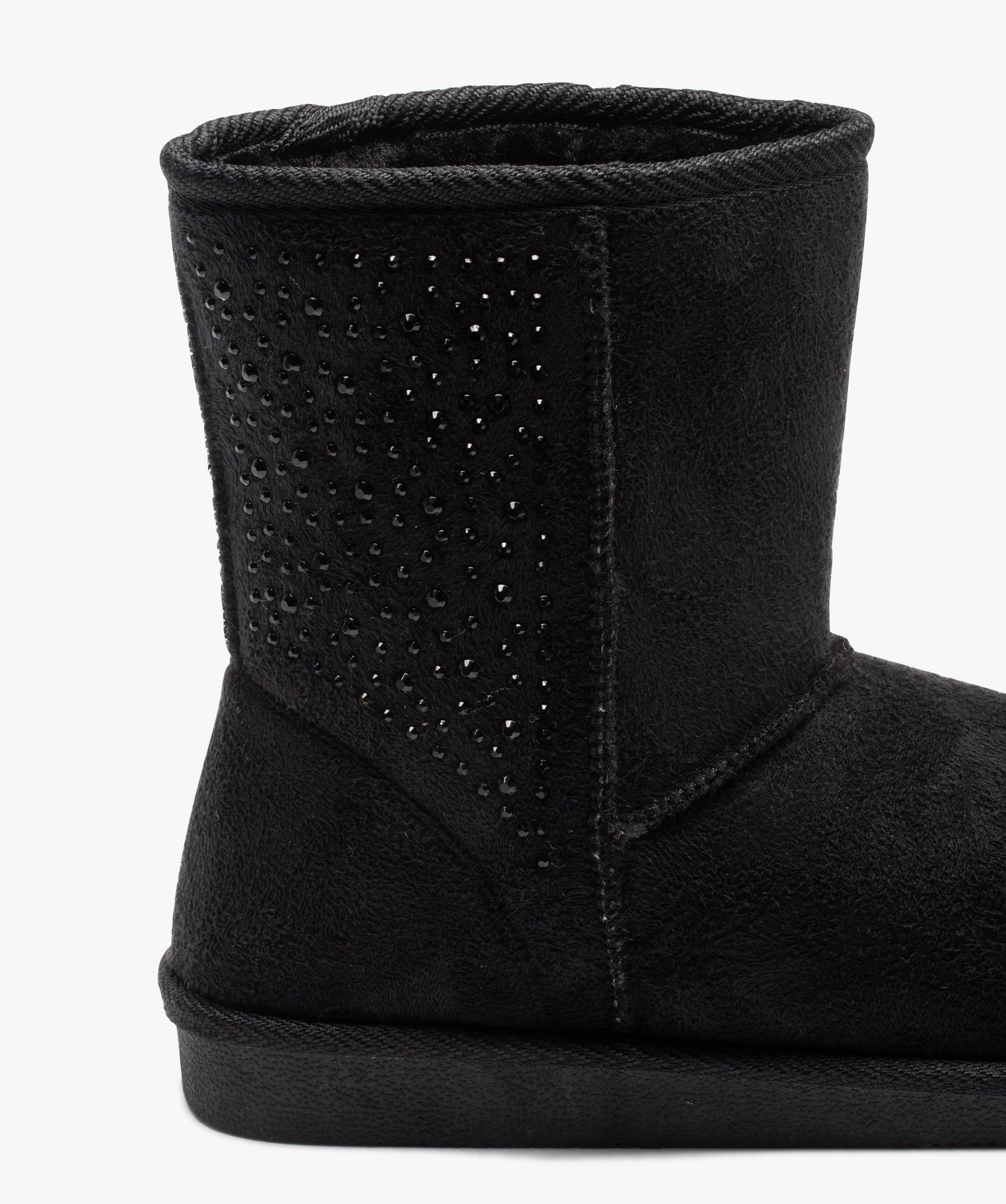 Boots fourrées femme à talon plat dessus suédine et strass noir | GEMO
