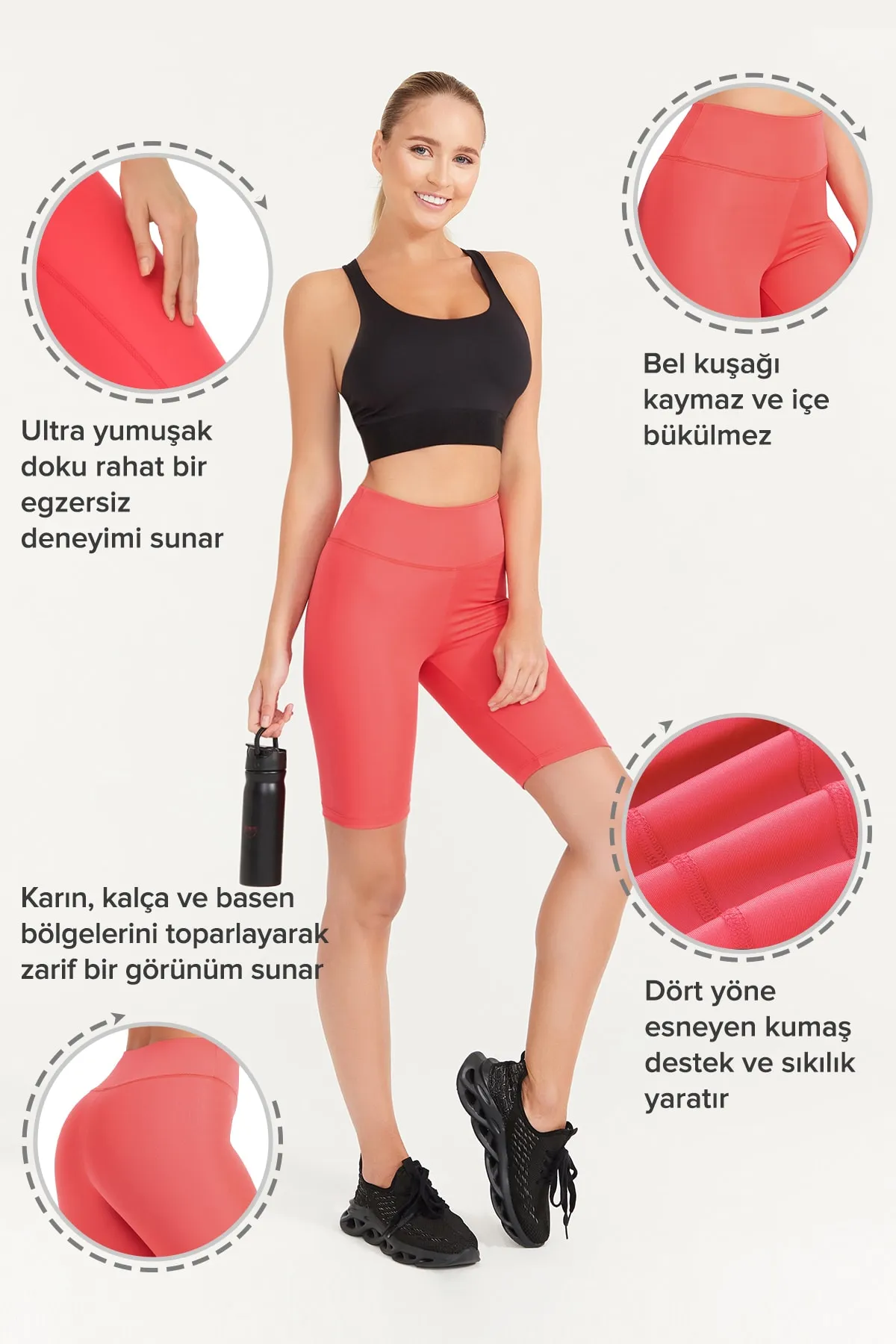 LOS OJOS  Damen Koralle, hohe Taille, lockere Radlerhose, kurze Sportstrumpfhose, Biker-Basics