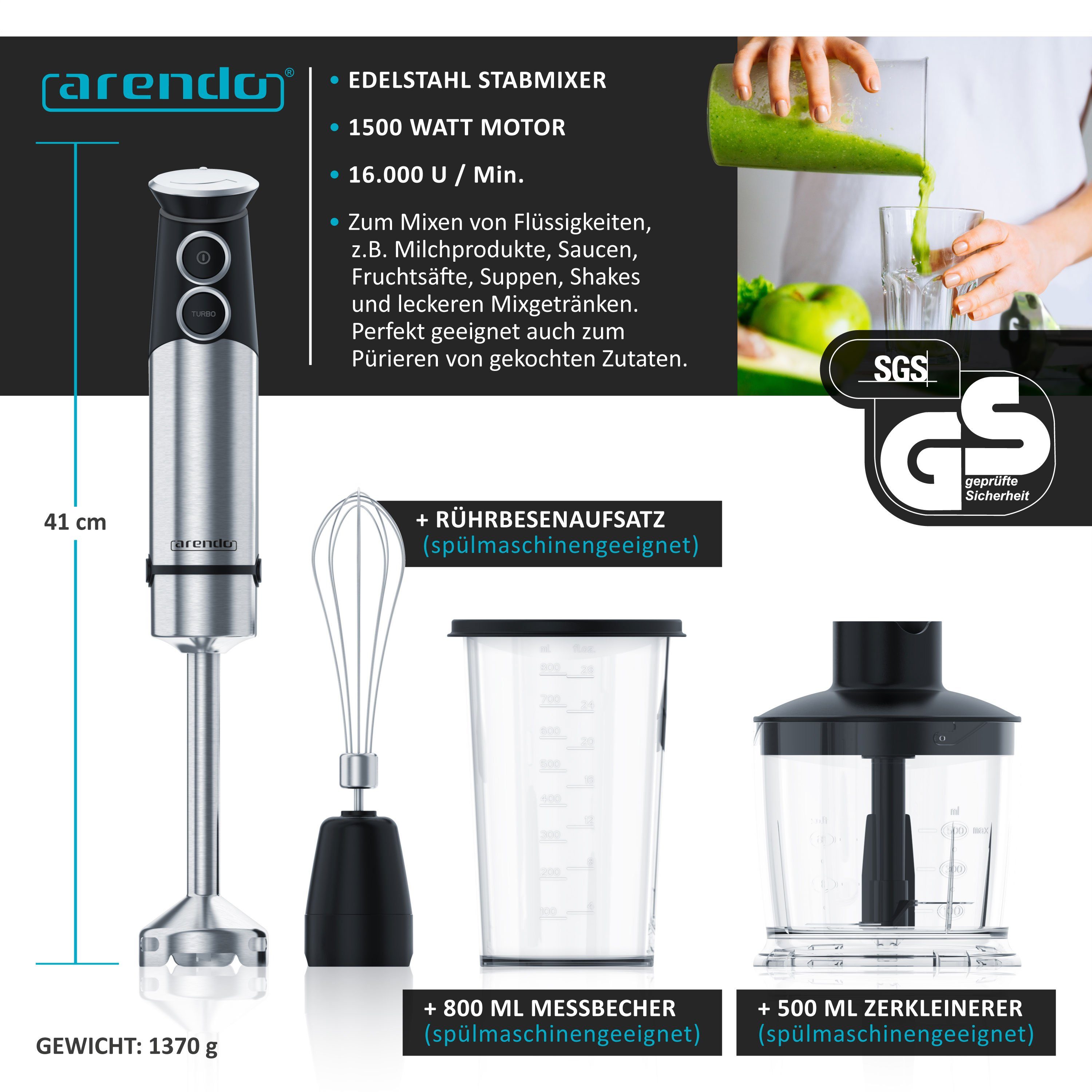 Arendo Stabmixer, 1500 W, Pürierstab Edelstahl Set, stufenlose Geschwindigkeit + Turbotaste