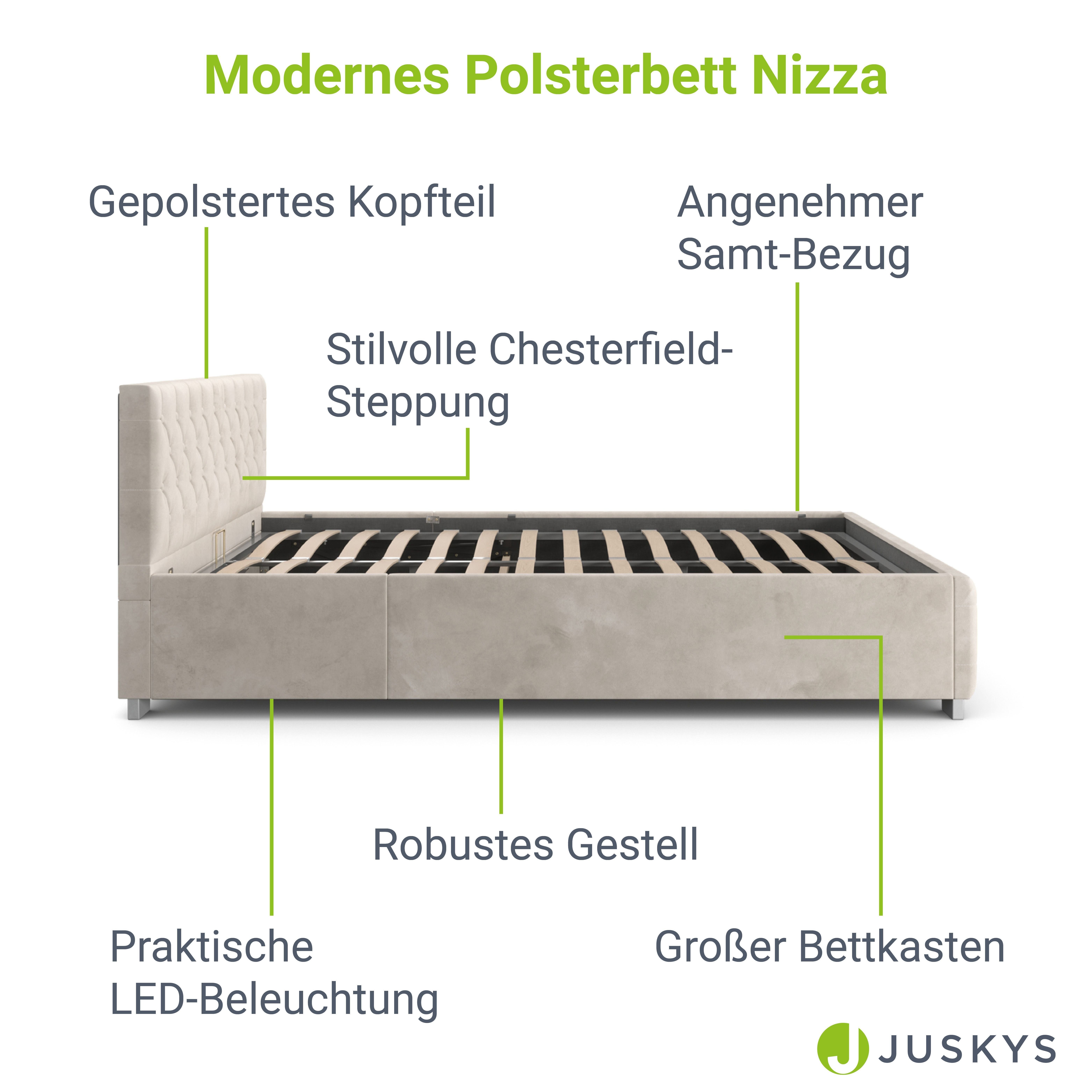 Juskys Polsterbett Nizza, Bettkasten, LED Licht, Chesterfield Steppung, Samtbezug