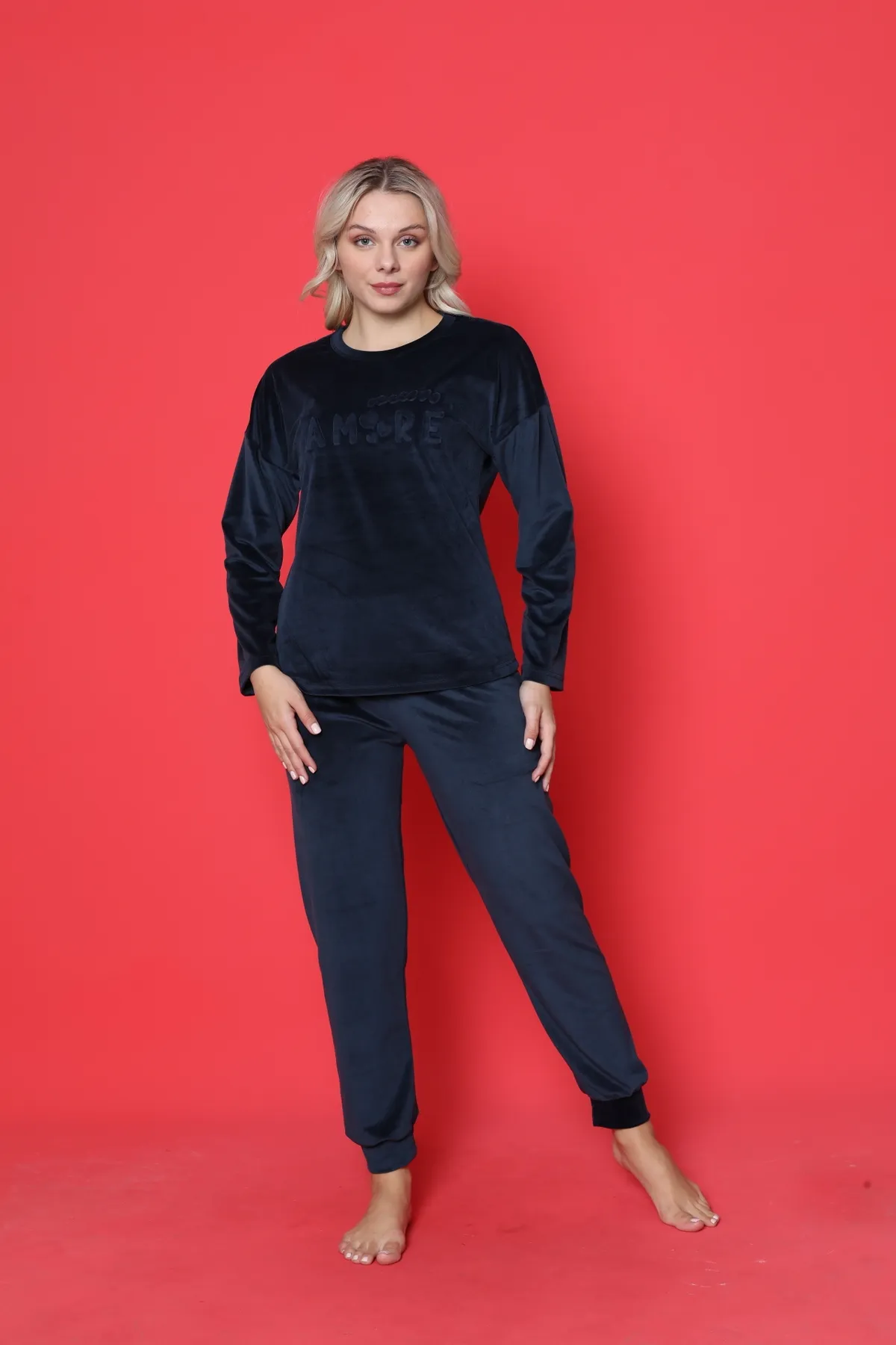AHENGİM  Pyjama-Set für Damen, französischer Samt, Amore, bedruckt, Spatenmanschette, Winter, saisonal, W20432250