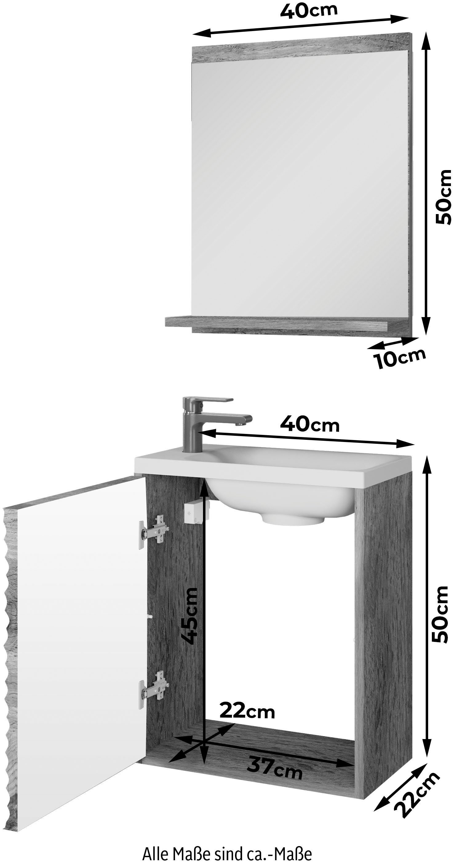 welltime Badmöbel-Set Canada, (Komplett-Set, 2-St., Fronten mit Wellenstruktur), Badmöbel mit Soft-Close, Gästebad Waschtisch mit Becken und Spiegel