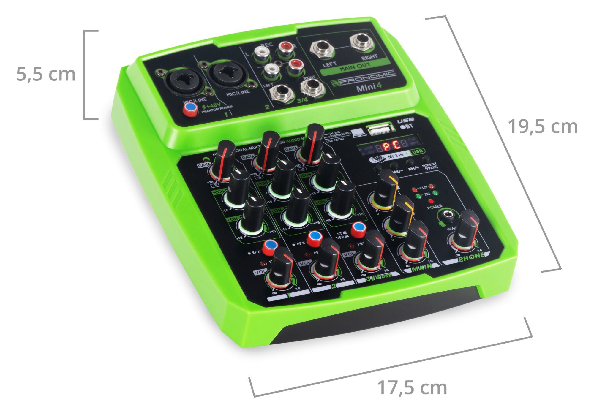 Pronomic Mischpult Mini4 USB-betriebener 4-Kanal Mixer, (2-tlg), mit Medienplayer/-recorder mit Bluetooth und USB - Audio-Interface