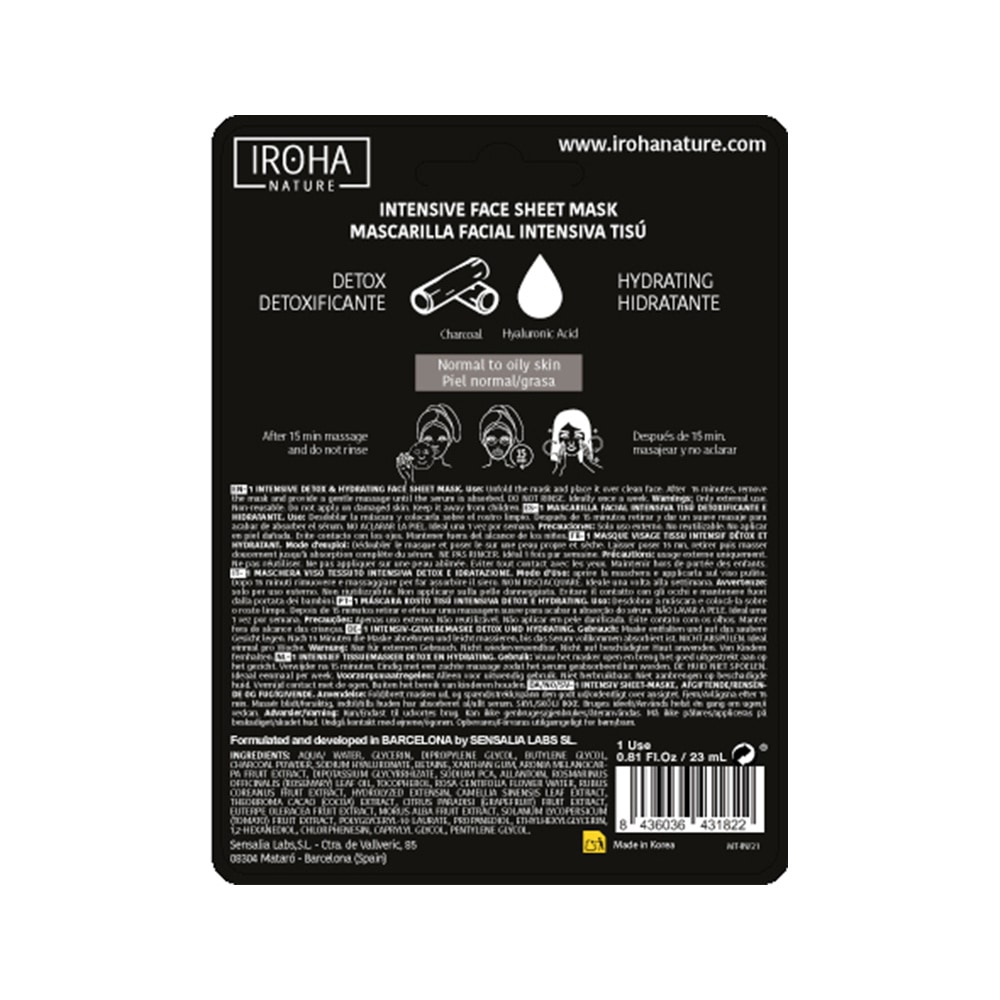 iroha Masque noir visage en tissu - DÉTOX ET HYDRATANT- Charbone + AH - Clean Beauty Masque Visage en tissu 100% Biodégradable