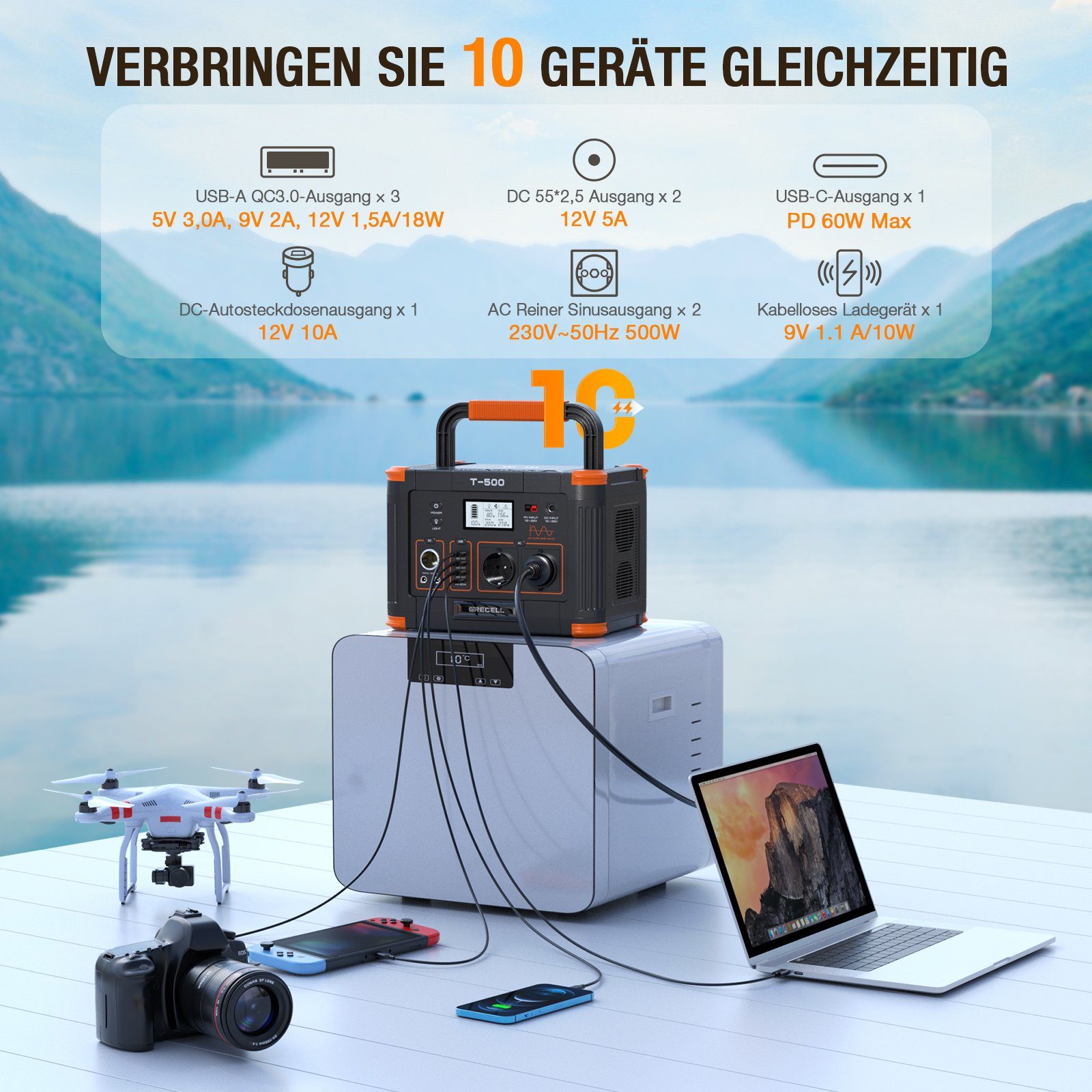 GRECELL Stromerzeuger 500W Tragbare Powerstation Kit mit 2*100W Solarpanel, (1-tlg), für Outdoor Camping Solar Generator