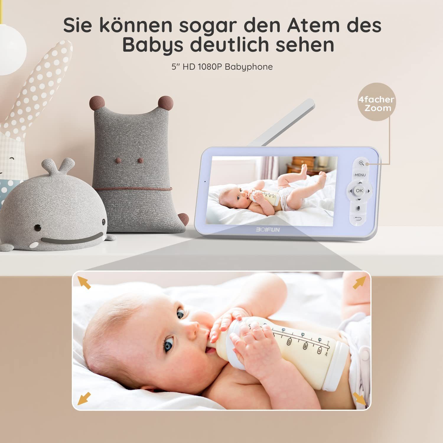 Boifun Babyphone Babyphone mit Kamera 1080P, 355°/90° PTZ Geräuschlose Rotation 4×Zoom, Infrarot-Nachtsicht, Temperaturanzeige,Bewegungs und Geräuscherkennung,3000mAh wiederaufladbare Batterie, Video,Bewegungs und Geräuscherkennung,VOX/ECO-Modus,Schl