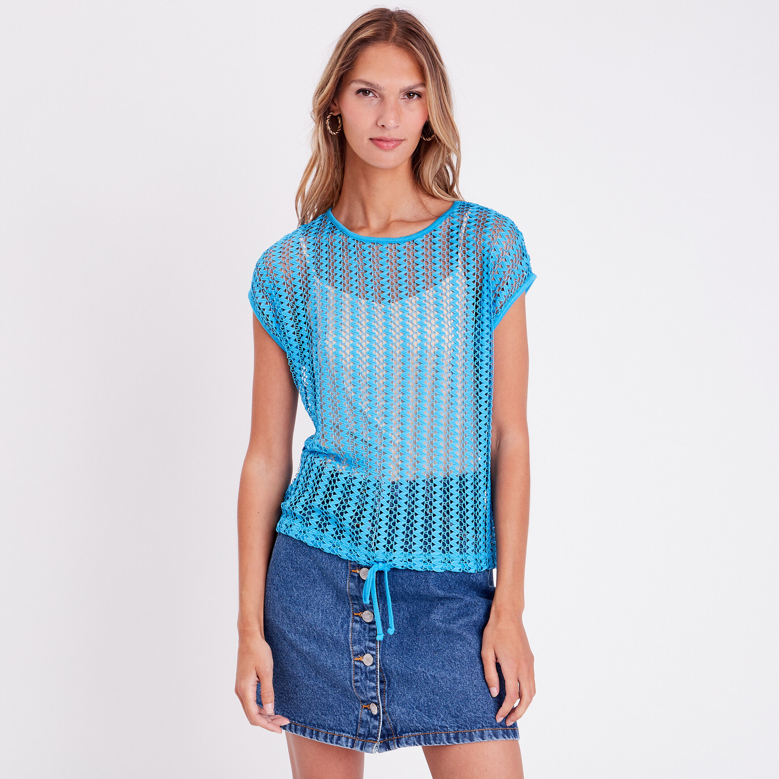 T-shirt macramé ajouré bleu femme | Cache Cache