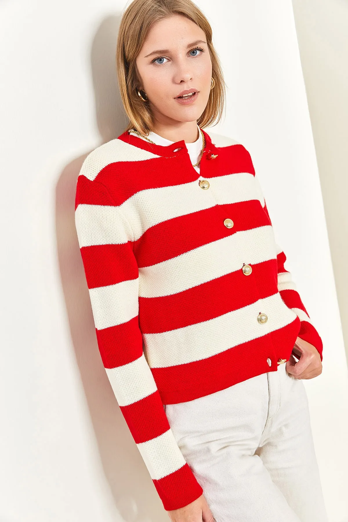 Bianco Lucci  Damen-Cardigan aus dickem, gestreiftem Strick mit Metallknöpfen