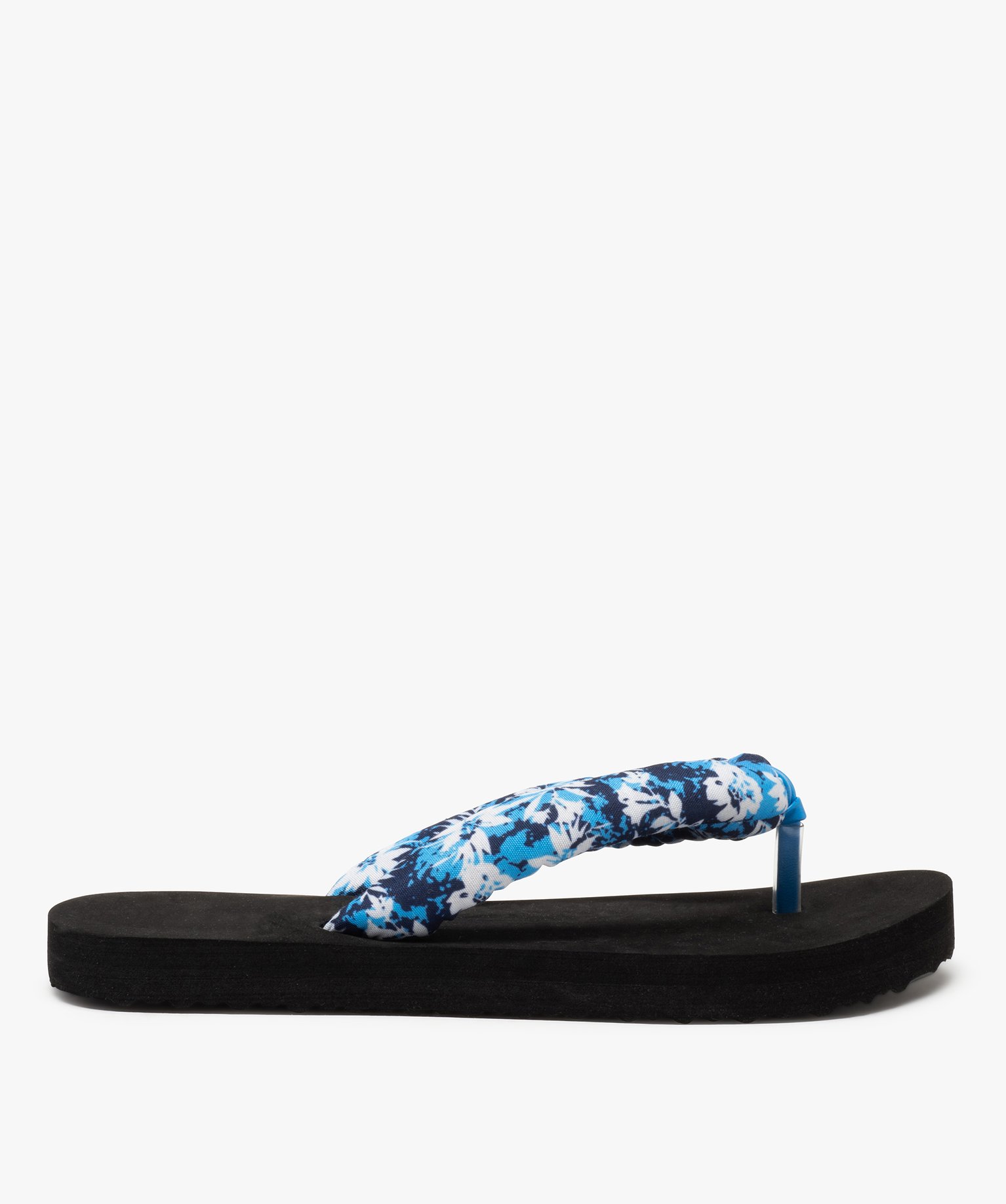 Tongs femme à brides rembourrées en tissu imprimé bleu | GEMO