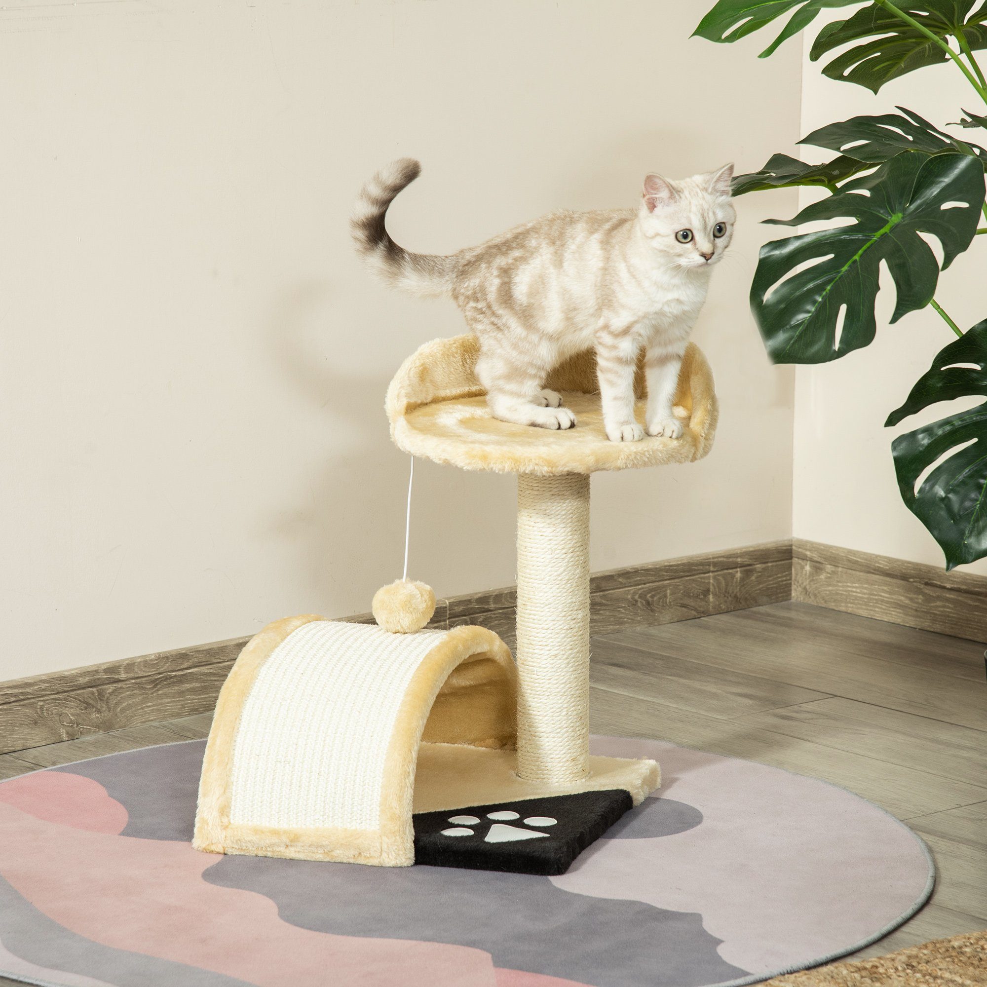 PawHut Kratzbaum Katzenbaum mit Spielbällen Sisalseil-Kratzstangen, Beige, 35.5L x 37B x 46H cm