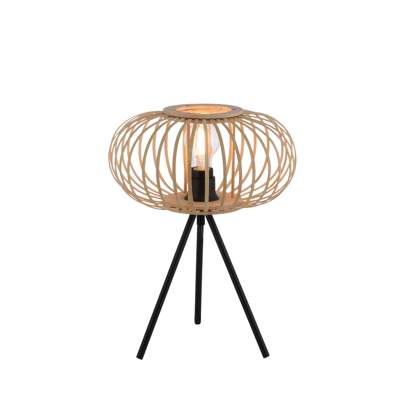 JUST LIGHT LeuchtenDirekt Tischleuchte RACOON, 1-flammig, E27, Dreibein-Stativ, Bambus-Schirm, Ø32cm, Holz-natur, IP20