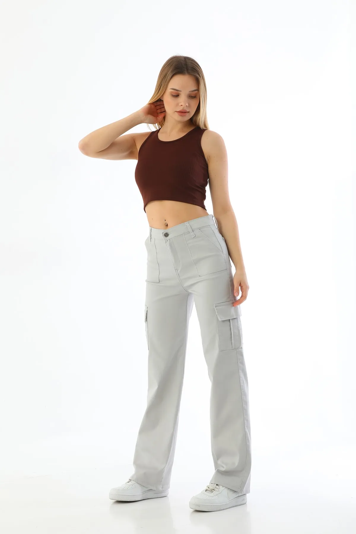 BİKELİFE  Steingraue Cargo-Tasche aus Lycra mit hoher Taille und weitem Bein