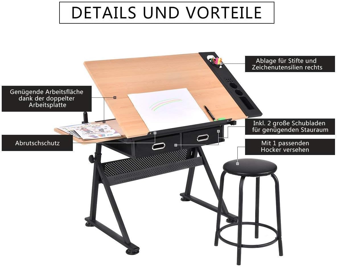 Costway COSTWAY Zeichentisch mit Hocker, Architektentisch höhenverstellbar