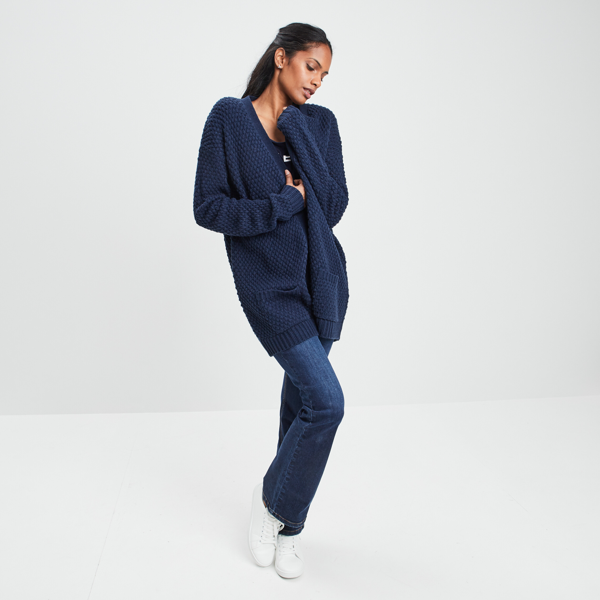 Gilet long manches longues bleu marine femme | La Halle