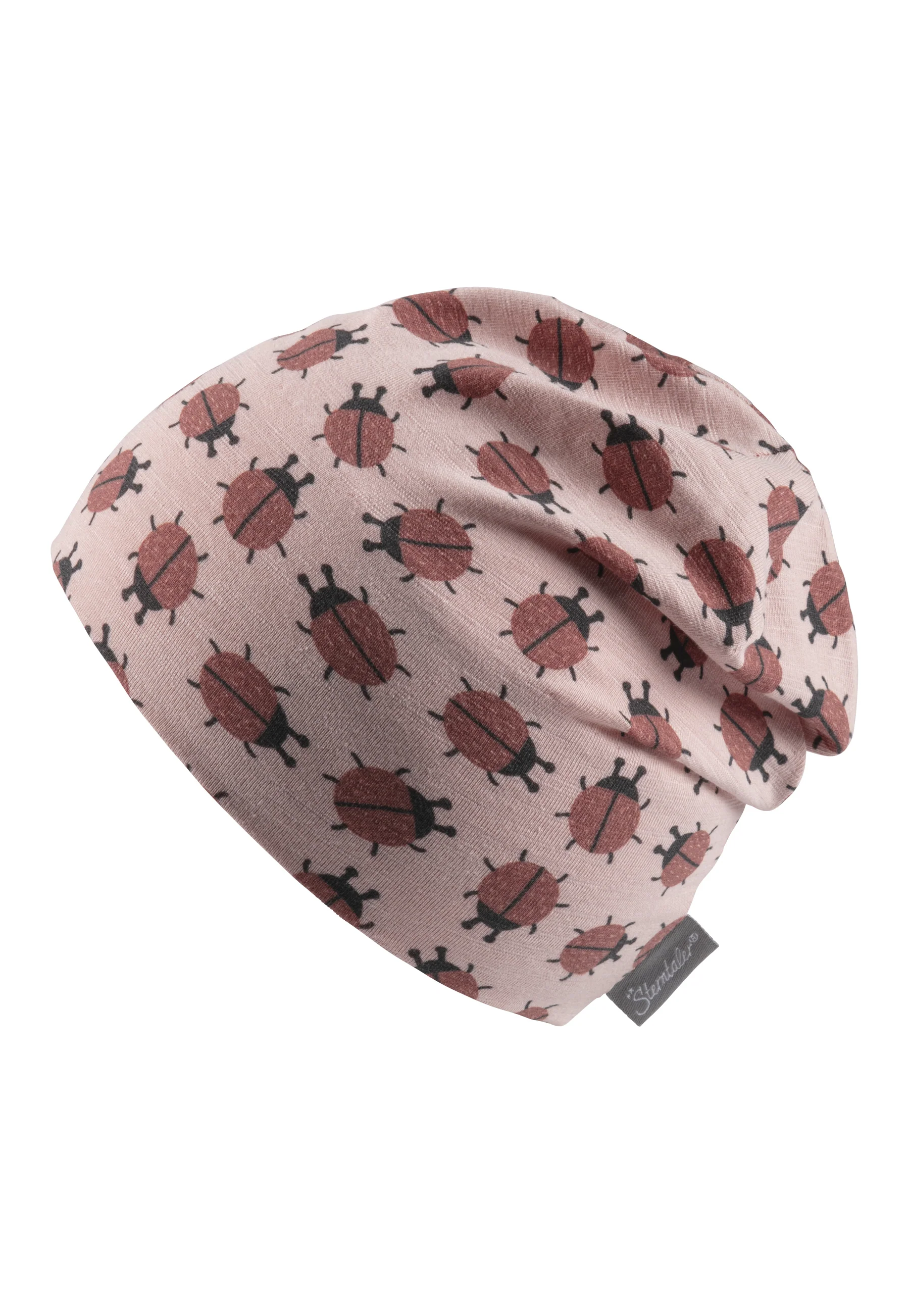 Beanie bedruckt mit kleinen Marienkäfern in rosa