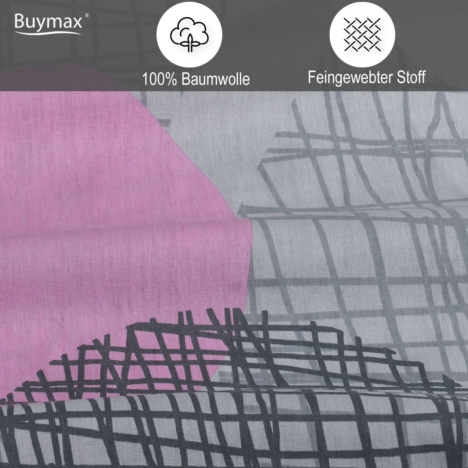 Bettwäsche, Buymax, Renforcé, 2 teilig, 100% Baumwolle Renforce Kissenbezug 80x80 cm mit Reißverschluss Kreise Muster, Grau Rosa