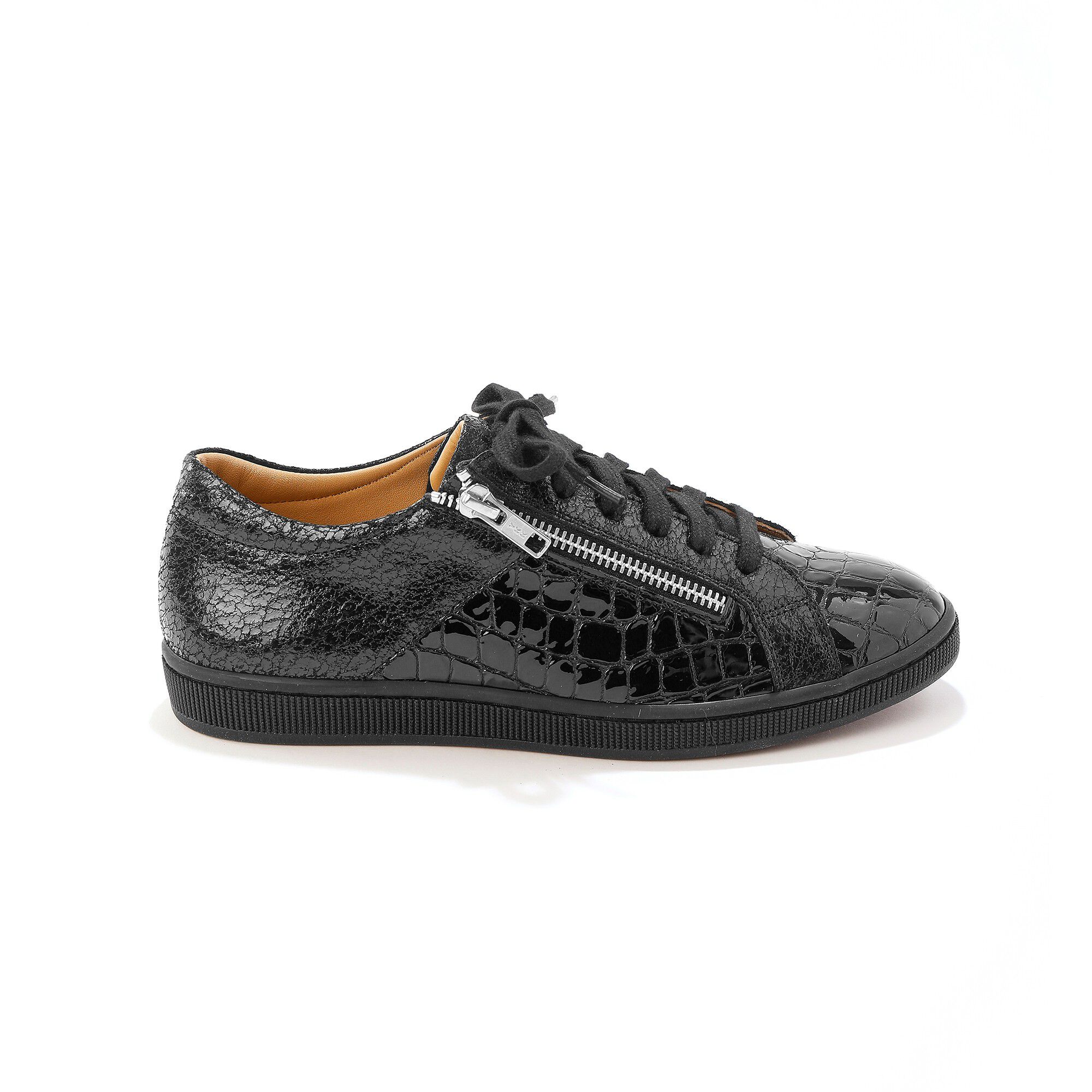 Baskets basses zippées en cuir souple effet croco