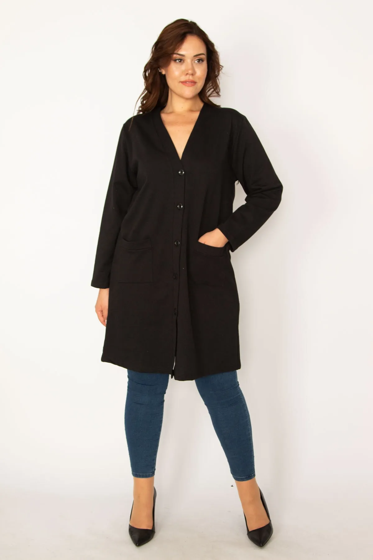 Şans  Damen-Jacke, groß, schwarz, vorne geknöpft, ungefütterte Tasche, 65n34077