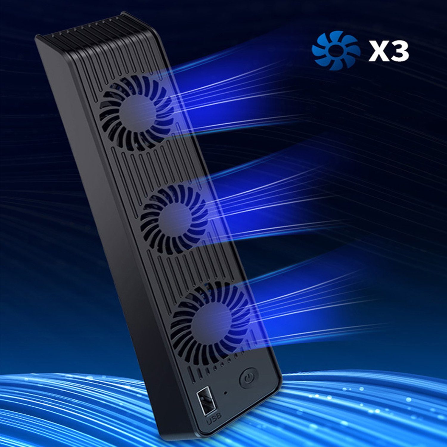 KINSI PS5 Mainframe-Kühlgebläse, PS5 Cooling Lüfter, mit externem PlayStation-Controller (USB-Anschluss und 3 Ventilatoren, Temperaturkontrolle für PS5, Schwarz)