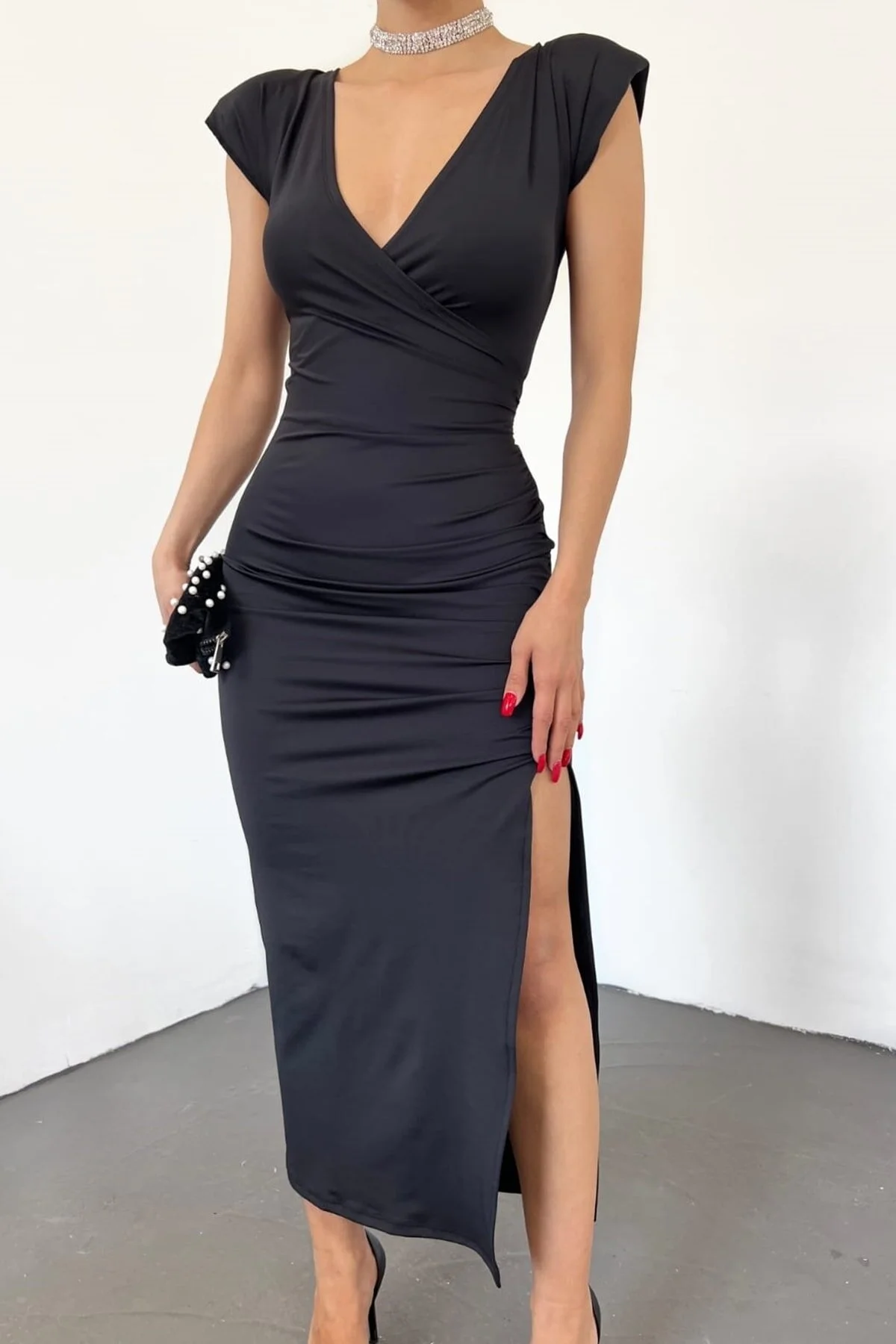 lovebox  Lycra, flexibler Tauchstoff, Midi-Länge, zweireihiger Kragen, Schulterpolster, Schlitz, detailliertes schwarzes Abendkleid 5031