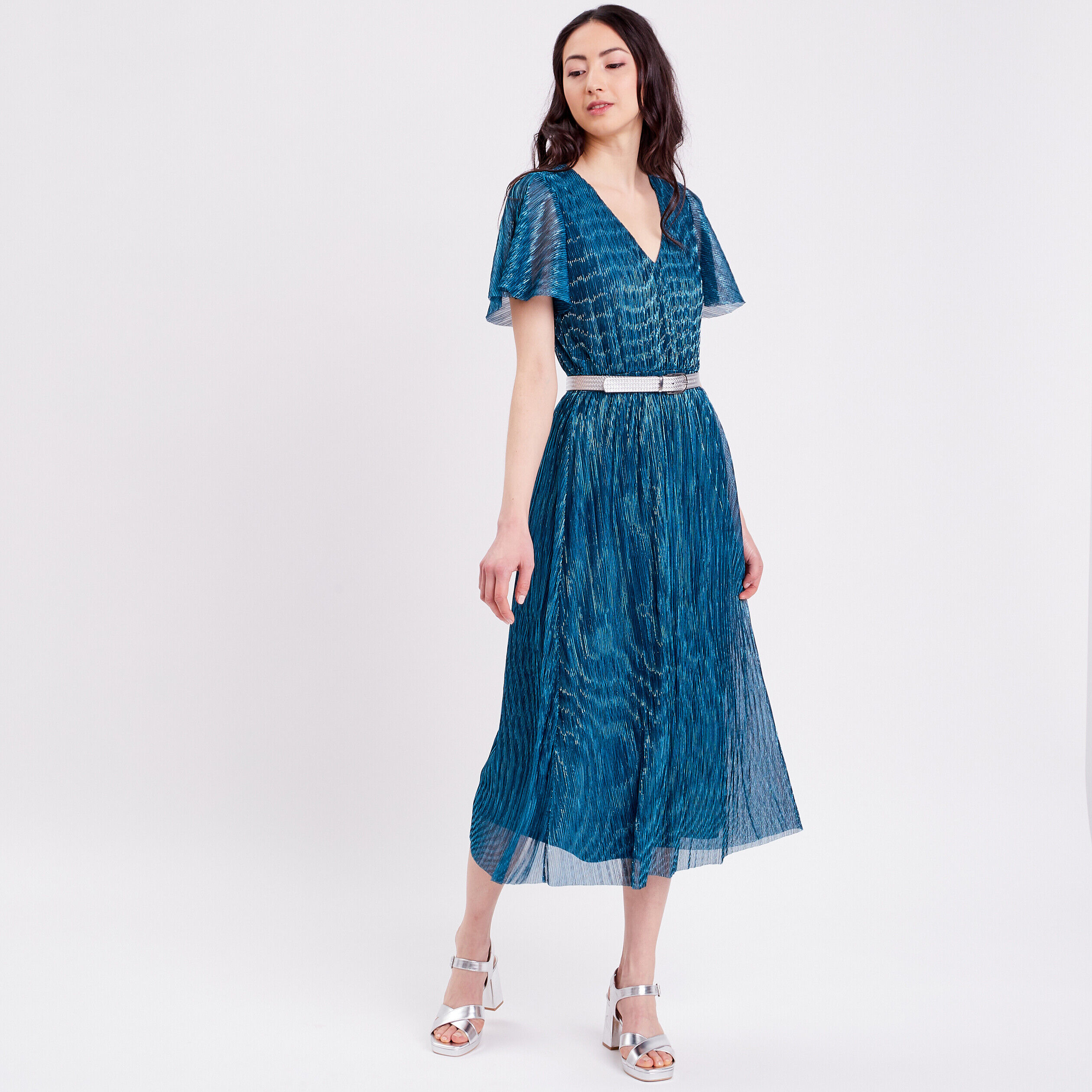 Robe longue évasée plissée bleu canard femme | Cache Cache