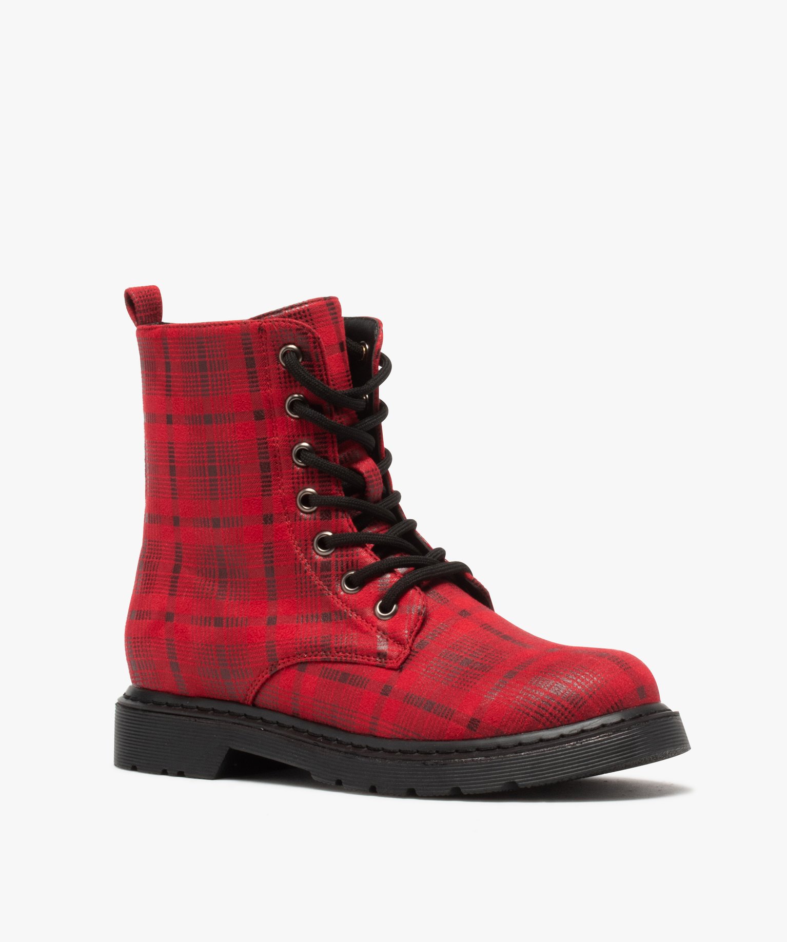 Boots femme rangers à semelle crantée et dessus fantaisie rouge | GEMO