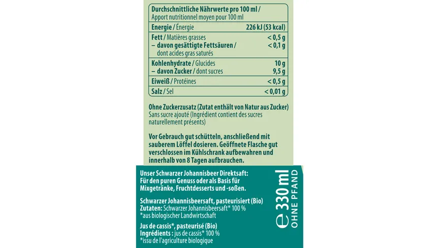 Alnavit Bio Schwarze Johannisbeer Direktsaft glutenfrei 330 ml