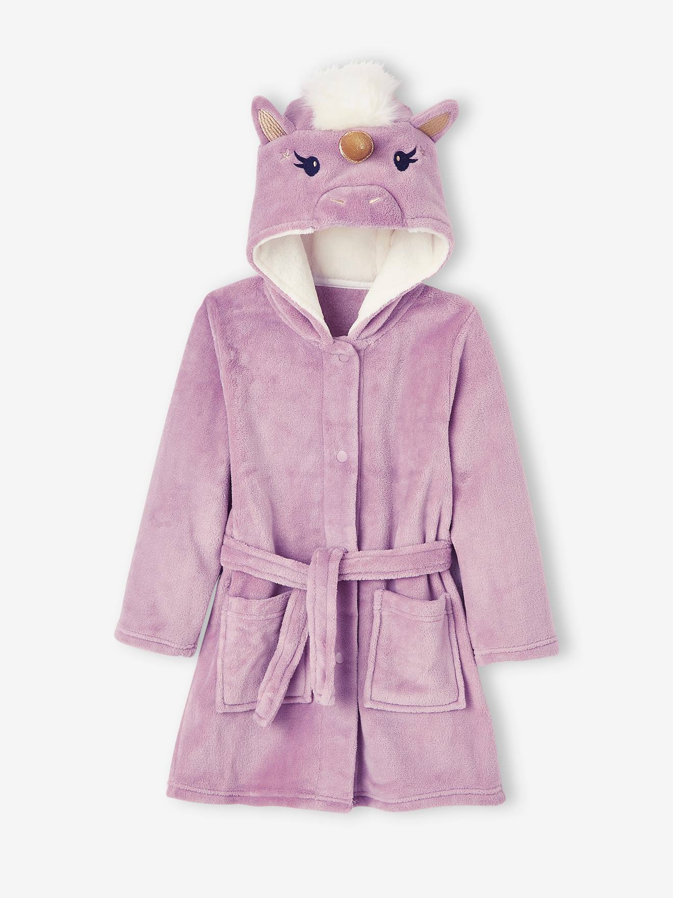 Robe de chambre licorne fille en maille peluche rose mauve
