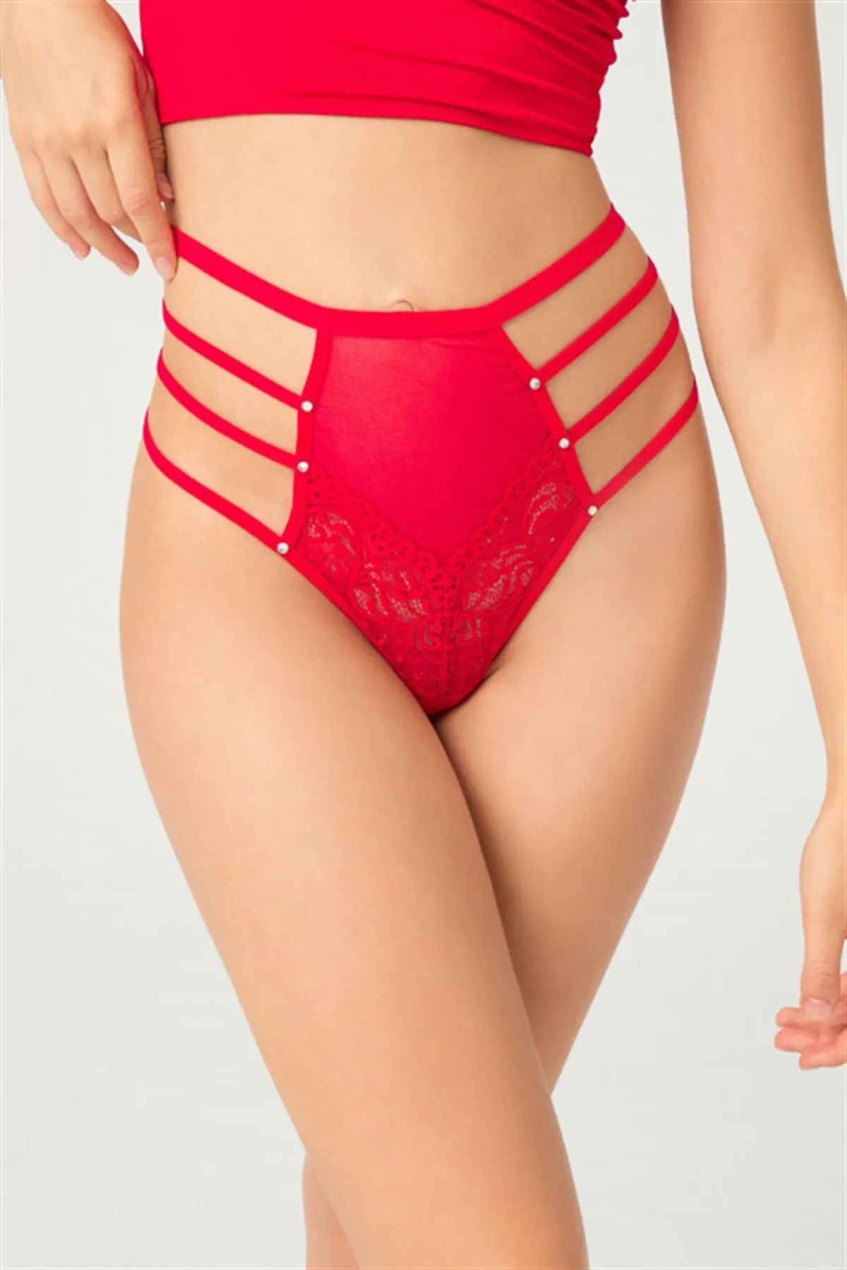 Cottonhill  Roter, transparenter, detaillierter Damen-Tanga aus Gummi mit Schleife