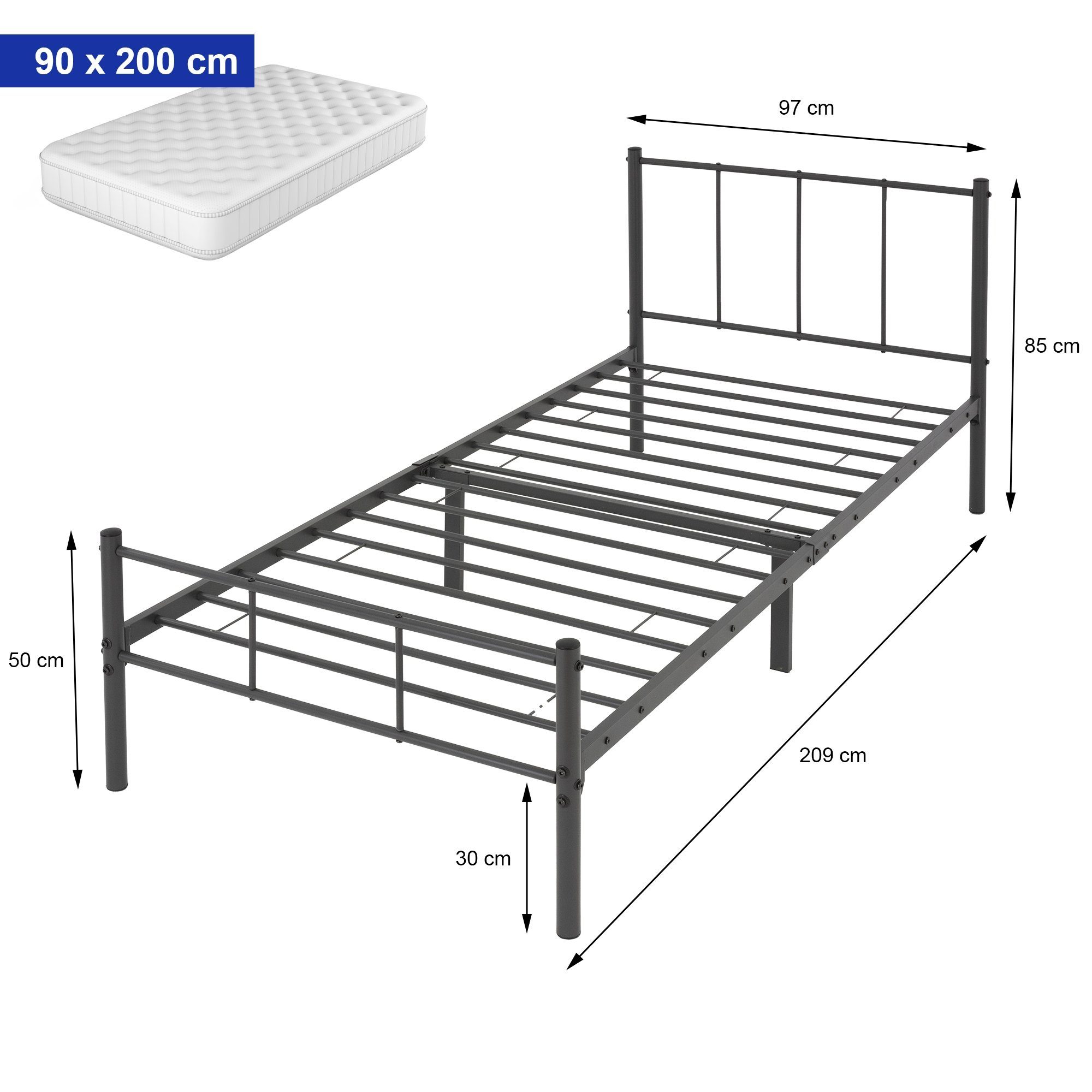 ML-DESIGN Metallbett Bettgestell Schlafzimmerbett Kinder Jugendliche Erwachsene Gästebett, Anthrazit 90x200cm Stahlrahmen Lattenrost robust leichte Montage