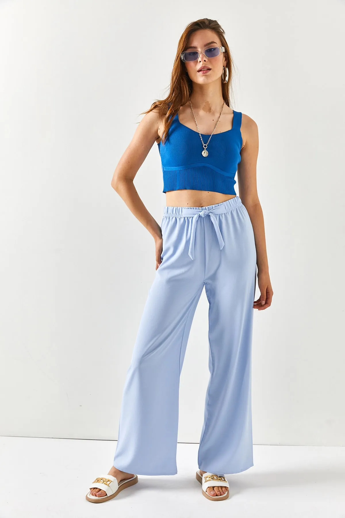 Olalook  Eisblaue Palazzo-Ayrobin-Hose mit Gürtel und elastischem Bund für Damen PNT-19000200