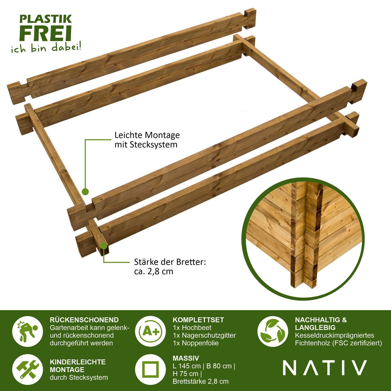 Lemodo Hochbeet aus Holz, mit Noppenfolie