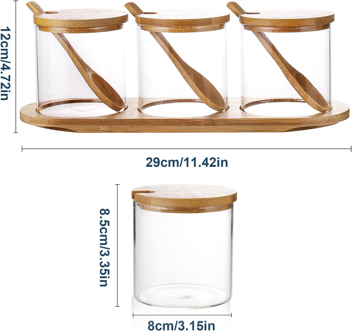 MULISOFT Gewürzbehälter 3 x 300ml Gewürzdosen Glas Gewürzgläser Set, (mit Bamboo Löffel, Deckel und Paletten), Gewürz Organizer für Küche und Esstisch