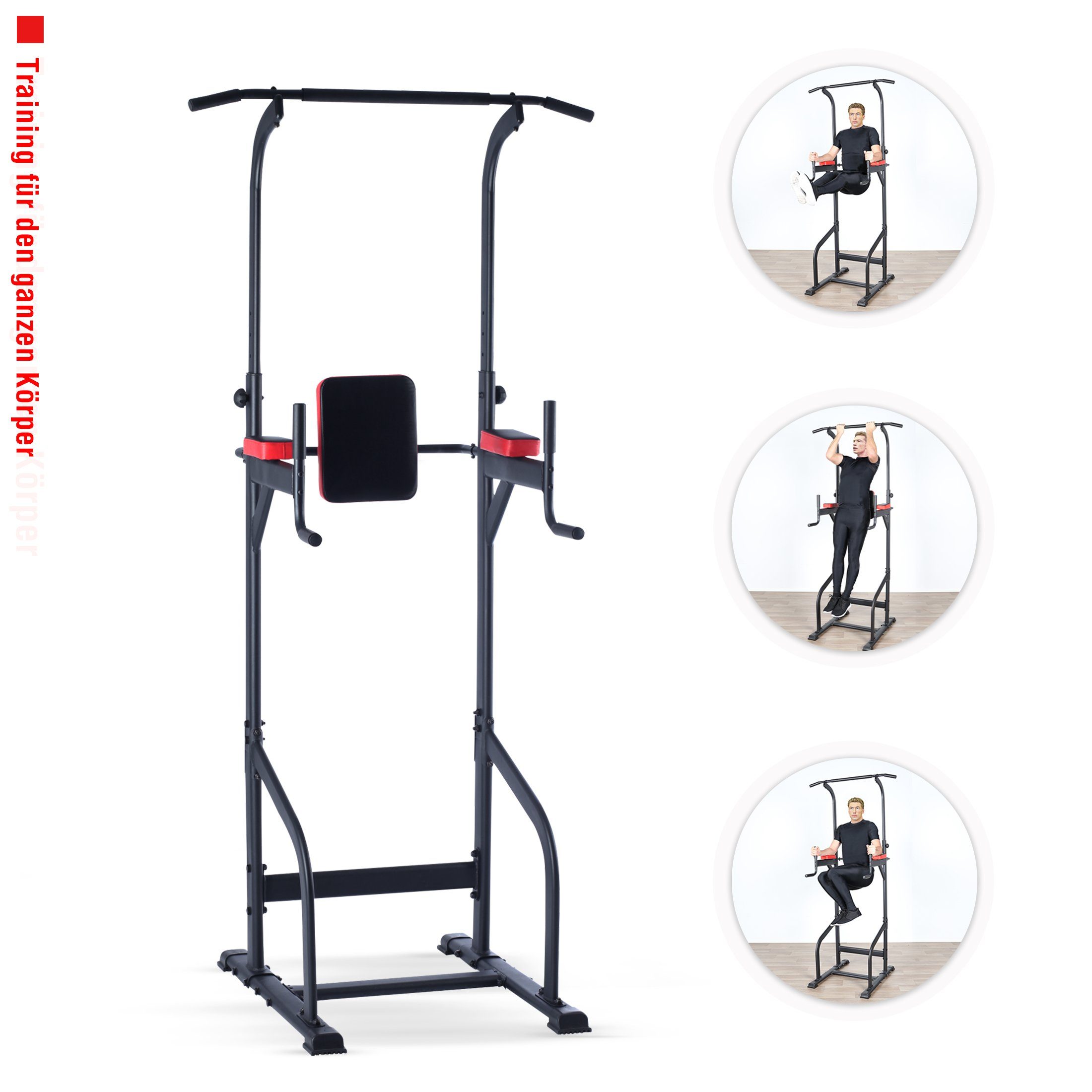 Zoomyo Trainingsstation Fitnessstation Power Tower, Kraftstation, (für ein abwechslungsreiches Training zuhause mit Dipstange, Klimmzugstange), Griffe für Liegestütze, größenverstellbar