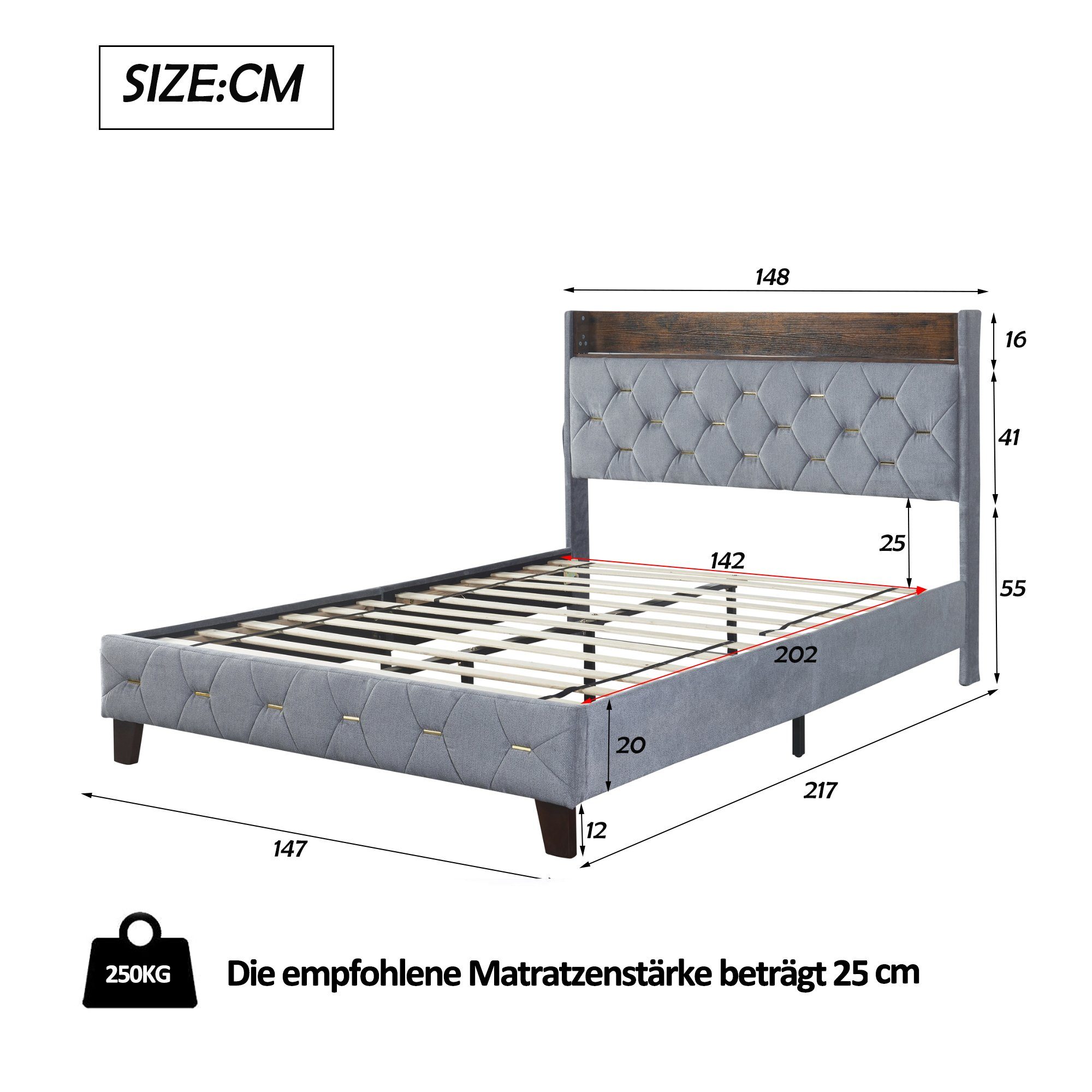 Flieks Polsterbett, Samt Doppelbett 140x200cm mit Stauraum am Kopfteil und USB-Anschluss